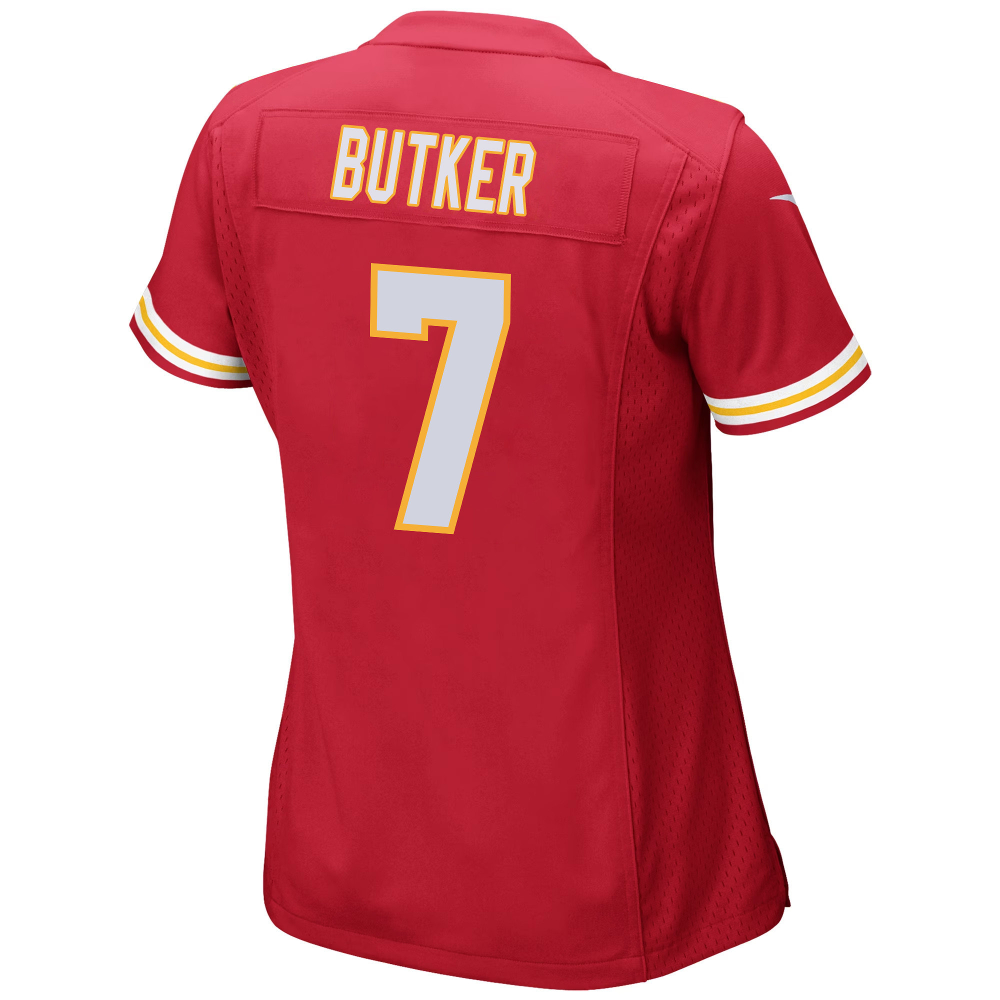 Harrison Butker 7 Kansas City Chiefs Super Bowl LVIII Champions 4 Stars Patch Game Women Jersey - Red