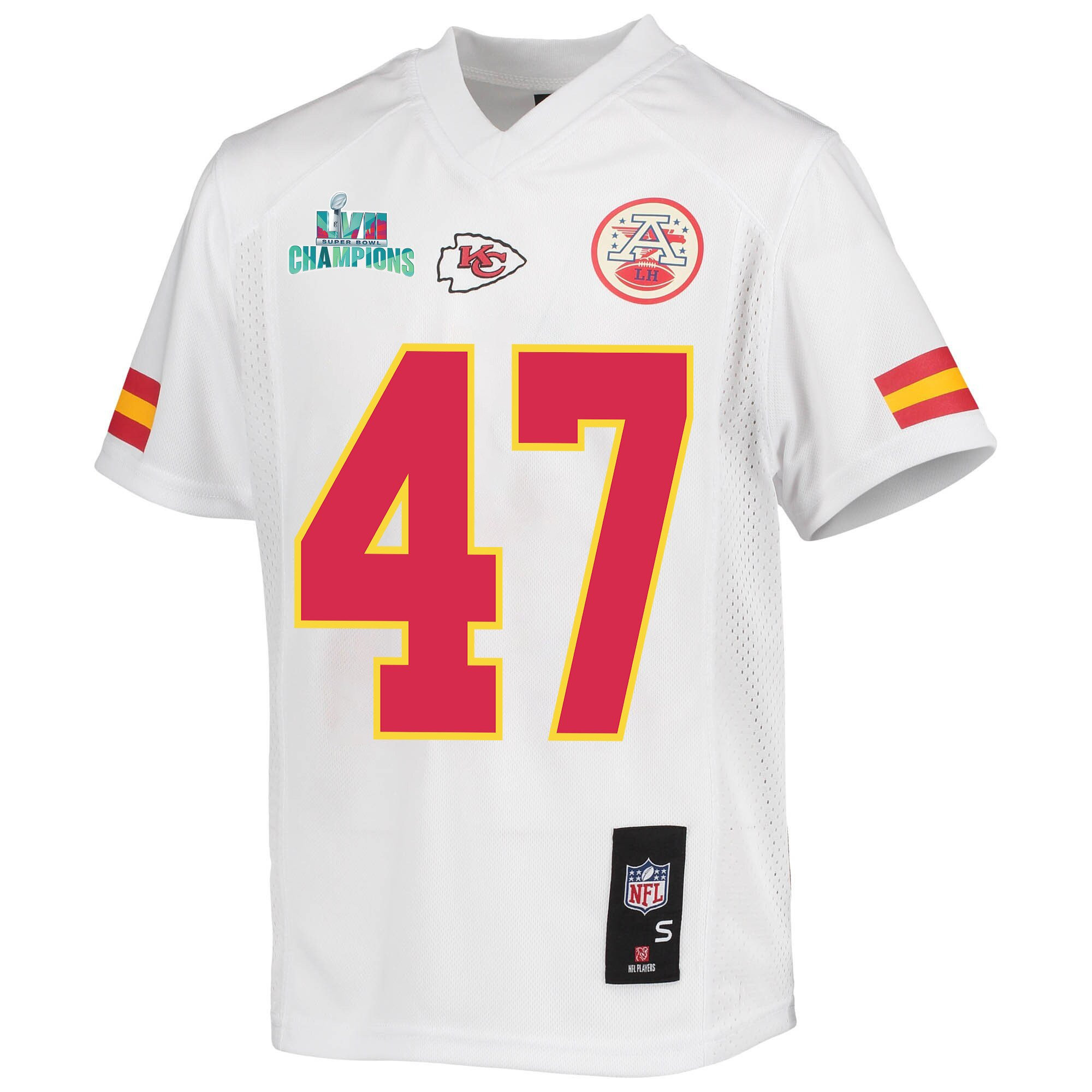Darius Harris 47 Kansas City Chiefs Super Bowl LVII Champions Youth Game Jersey - White