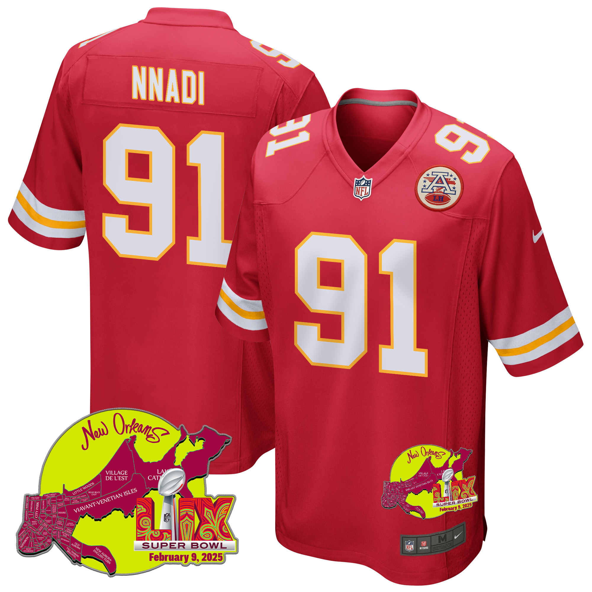 Derrick Nnadi 91 Kansas City Chiefs Super Bowl LIX New Orleans Patch Game Men Jersey - Red