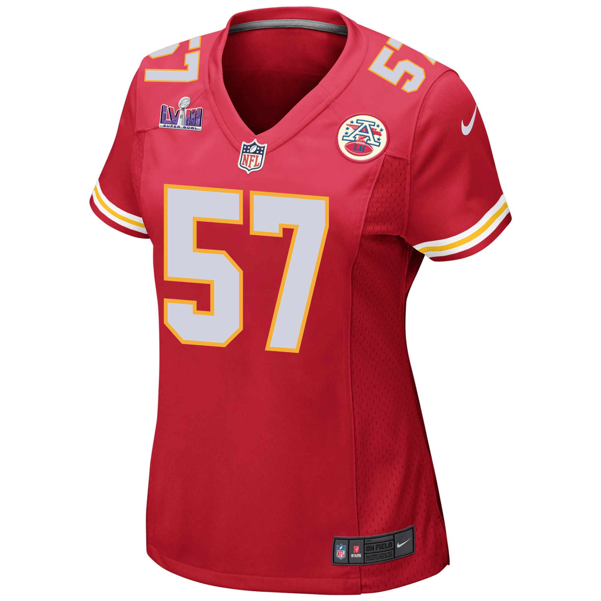 Truman Jones 57 Kansas City Chiefs Super Bowl LVIII Patch Game Women Jersey - Red