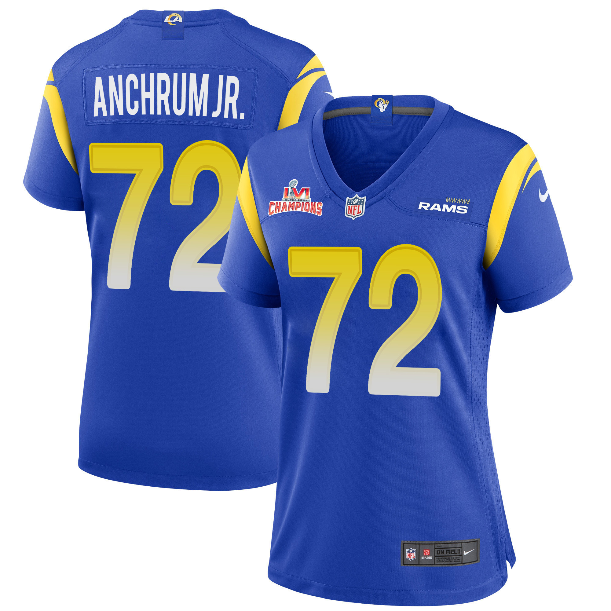 Super Bowl LVI Champions Los Angeles Rams Tremayne Anchrum Jr. 72 Royal Women's Jersey Jersey