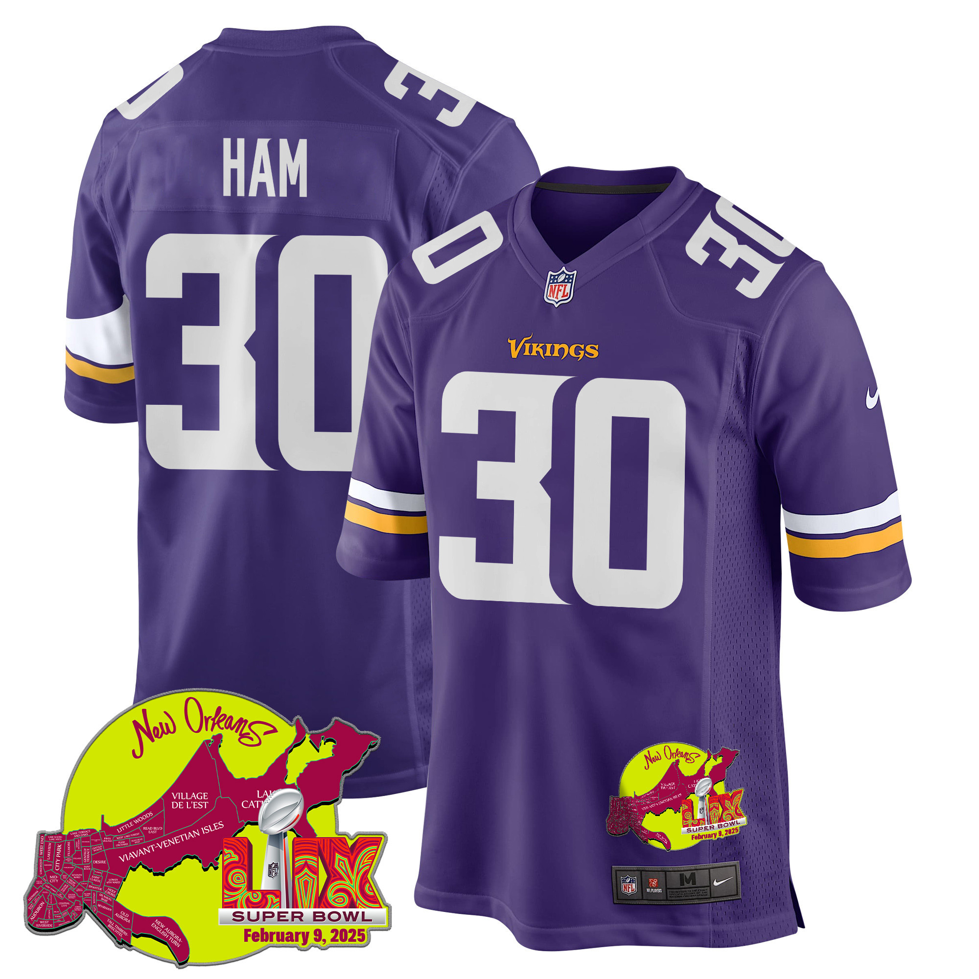 C.J. Ham 30 Minnesota Vikings Super Bowl LIX New Orleans Patch Game Men Jersey - Purple