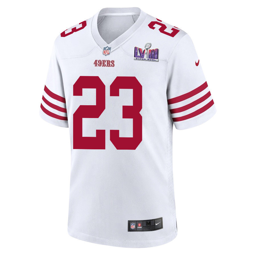 Christian McCaffrey 23 San Francisco 49ers Super Bowl LVIII Patch Game Men Jersey - White