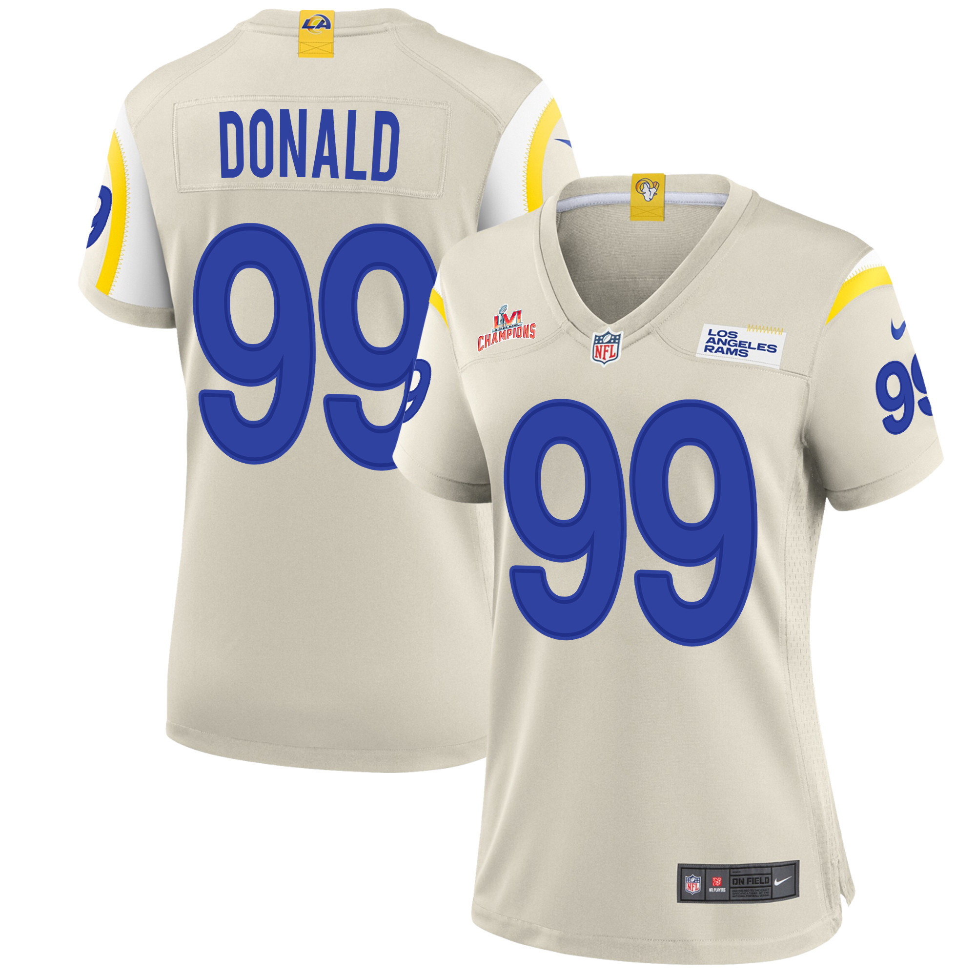 Super Bowl LVI Champions Los Angeles Rams Aaron Donald 99 Bone Women's Jersey Jersey