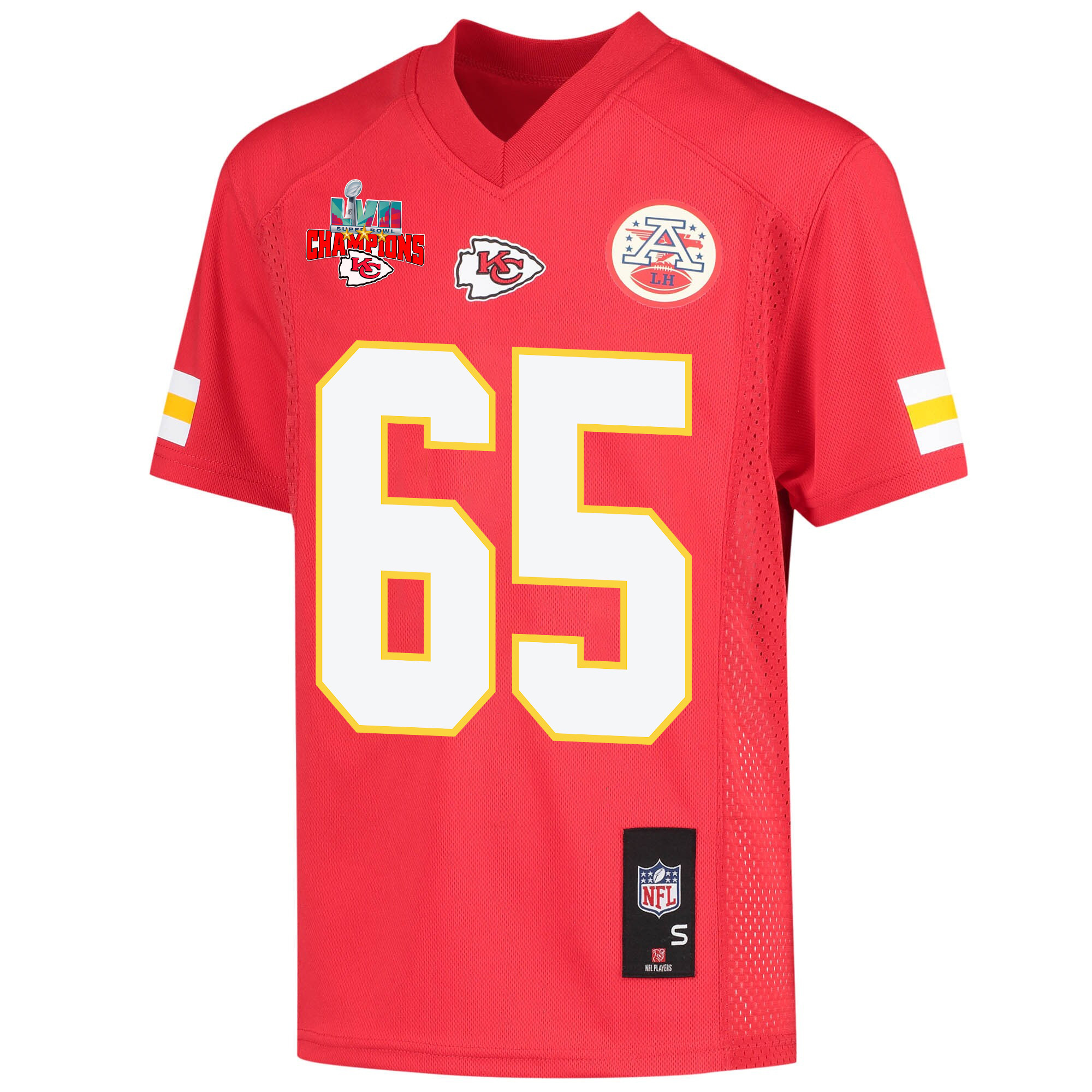 Trey Smith 65 Kansas City Chiefs Super Bowl LVII Champions 3 Stars Youth Game Jersey - Red