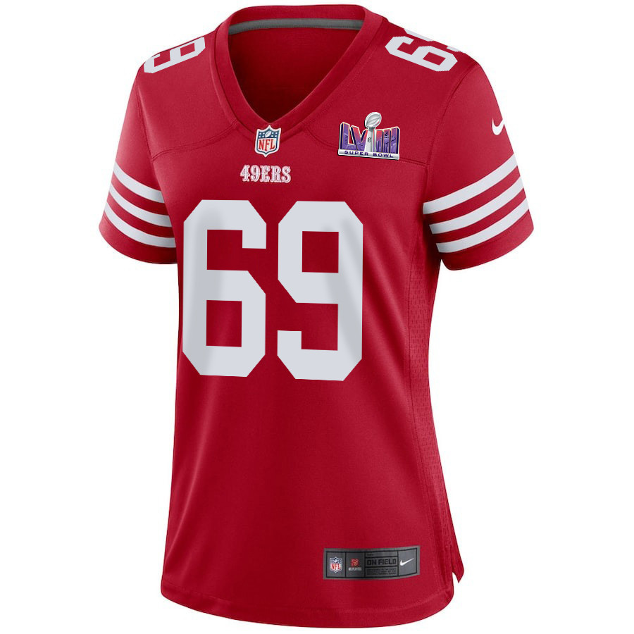 Spencer Waege 69 San Francisco 49ers Super Bowl LVIII Patch Game Women Jersey - Scarlet