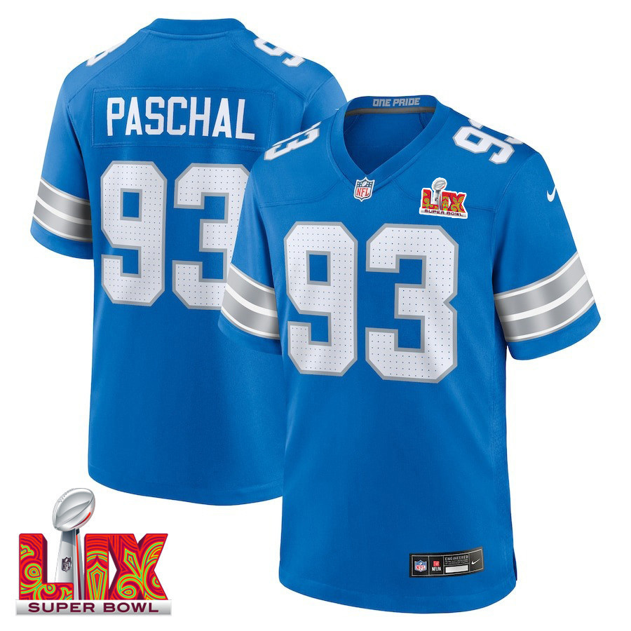 Josh Paschal #93 Detroit Lions Super Bowl LIX Jersey - Men's - Blue