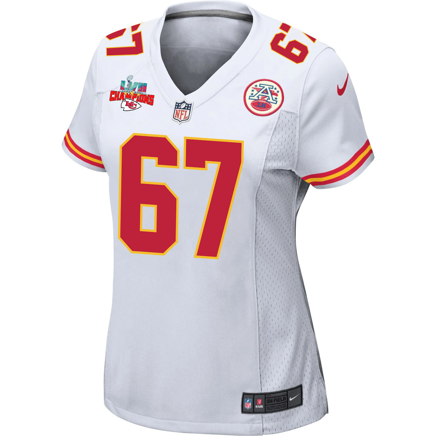 Lucas Niang 67 Kansas City Chiefs Super Bowl LVII Champions 3 Stars Women Game Jersey - White