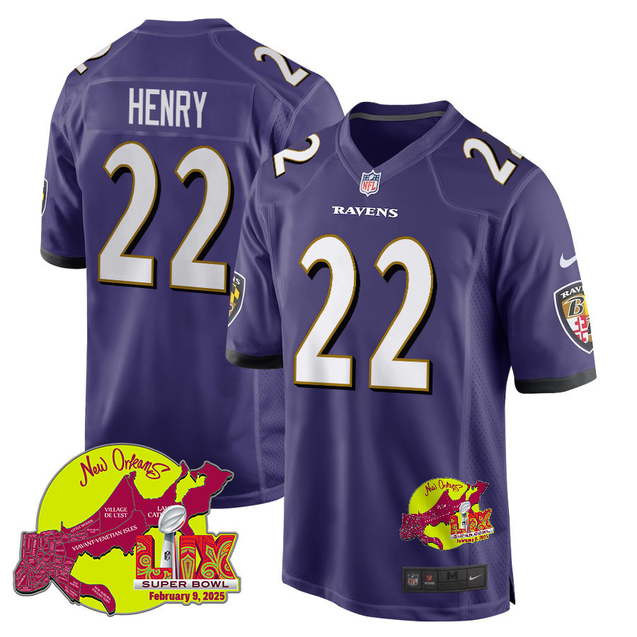 Derrick Henry 22 Baltimore Ravens Super Bowl LIX New Orleans Patch Game Men Jersey - Purple