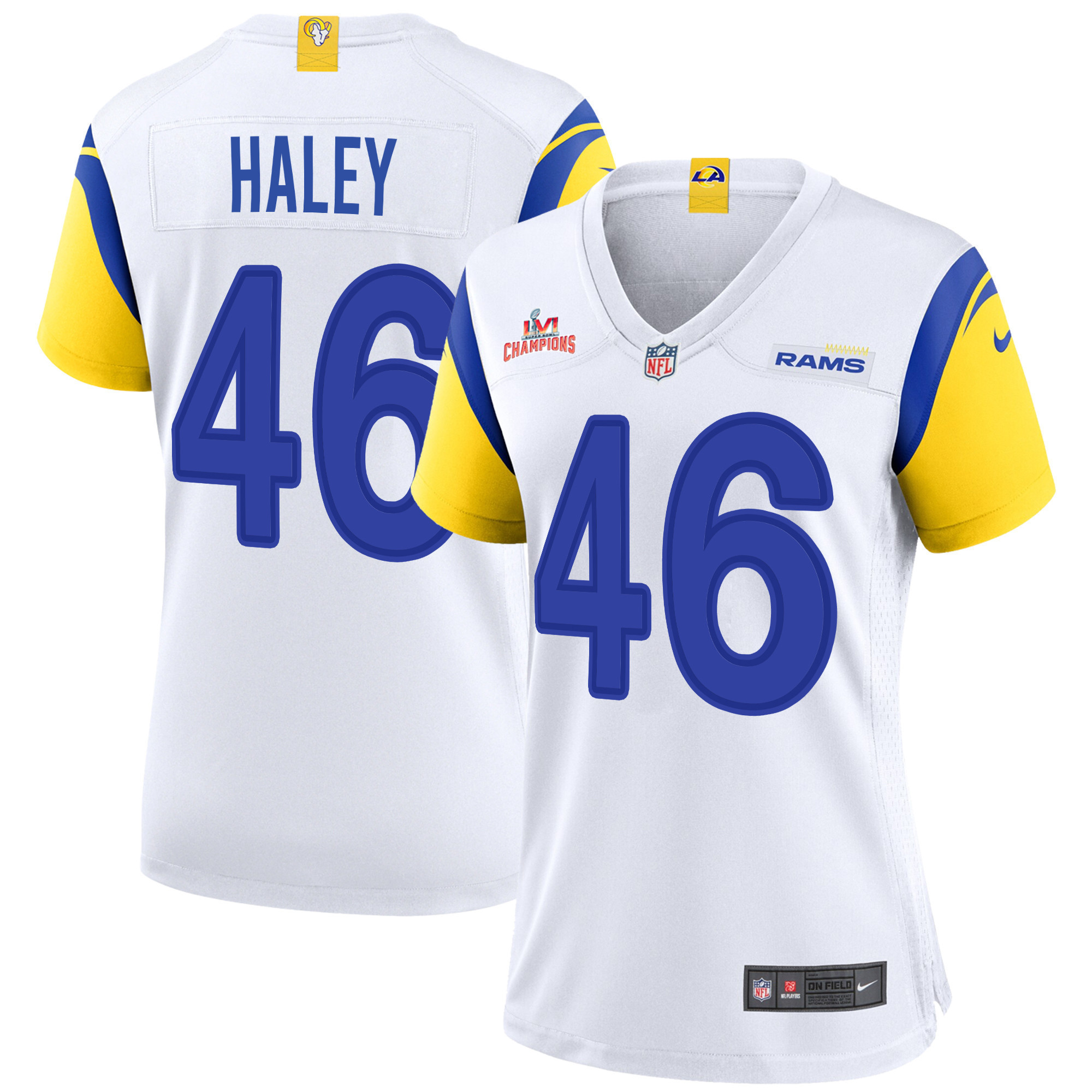 Super Bowl LVI Champions Los Angeles Rams Grant Haley 46 White Women's Jersey Jersey