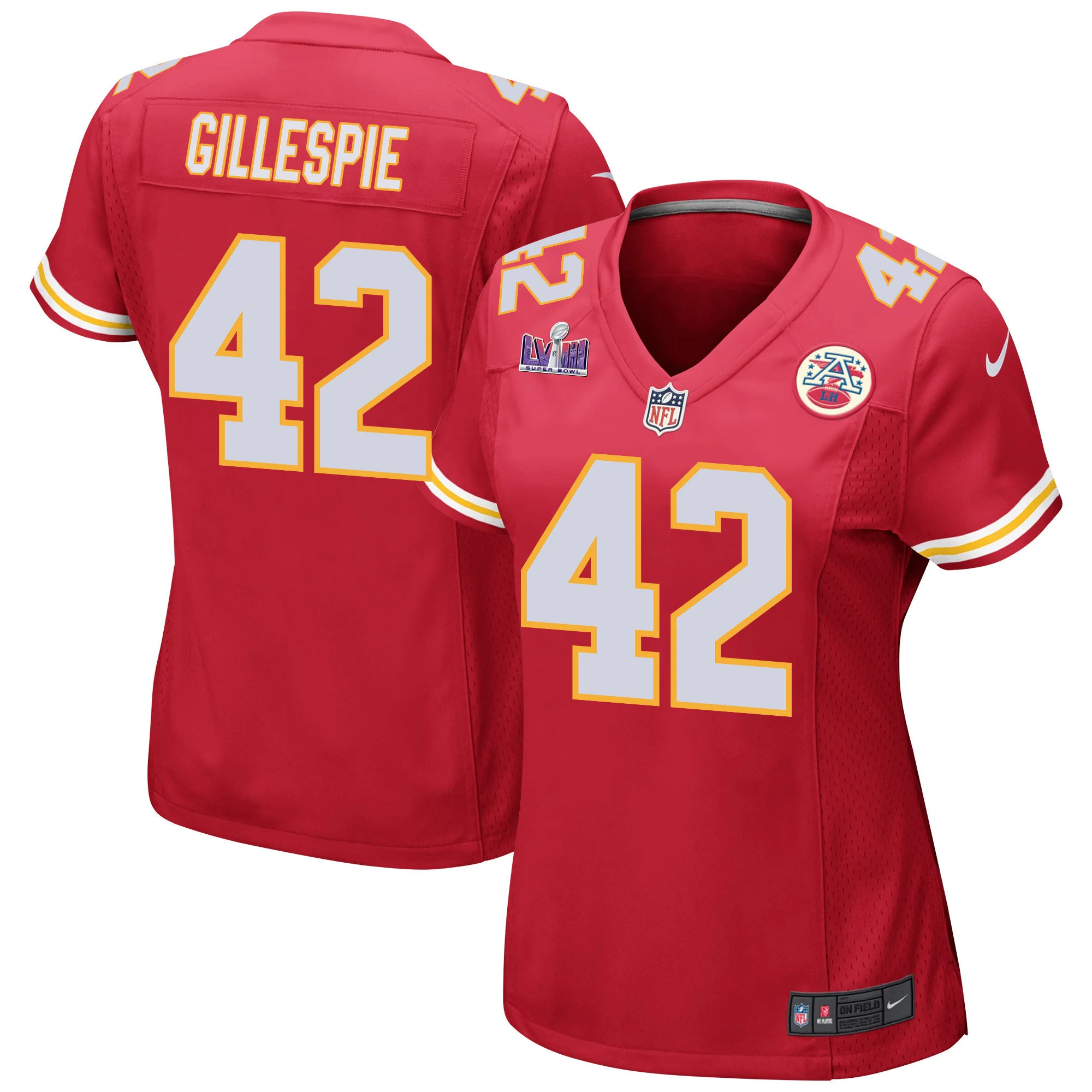 Tyree Gillespie 42 Kansas City Chiefs Super Bowl LVIII Patch Game Women Jersey - Red