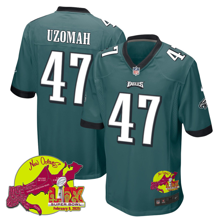 C.J. Uzomah 47 Philadelphia Eagles Super Bowl LIX New Orleans Patch Game Men Jersey - Midnight Green