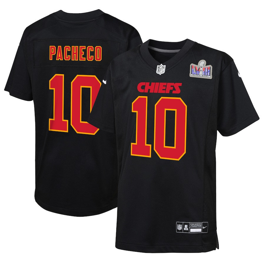 Isiah Pacheco 10 Kansas City Chiefs Super Bowl LVIII Patch Fashion Game YOUTH Jersey - Carbon Black