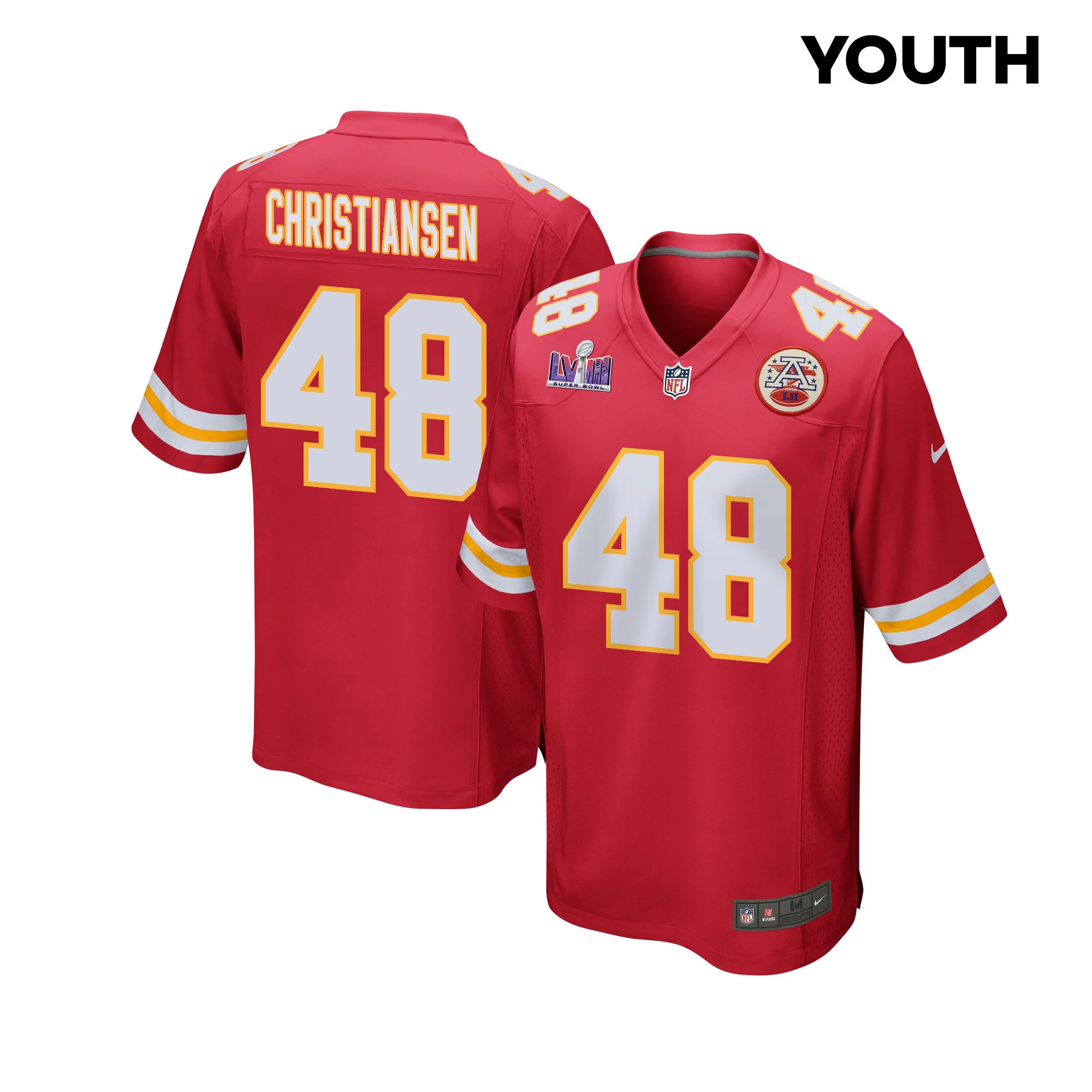 Cole Christiansen 48 Kansas City Chiefs Super Bowl LVIII Patch Game YOUTH Jersey - Red
