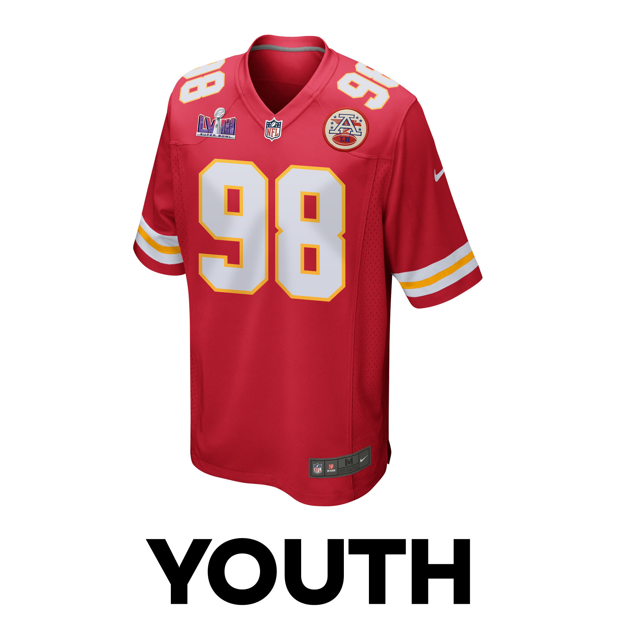 Tershawn Wharton 98 Kansas City Chiefs Super Bowl LVIII Patch Game YOUTH Jersey - Red