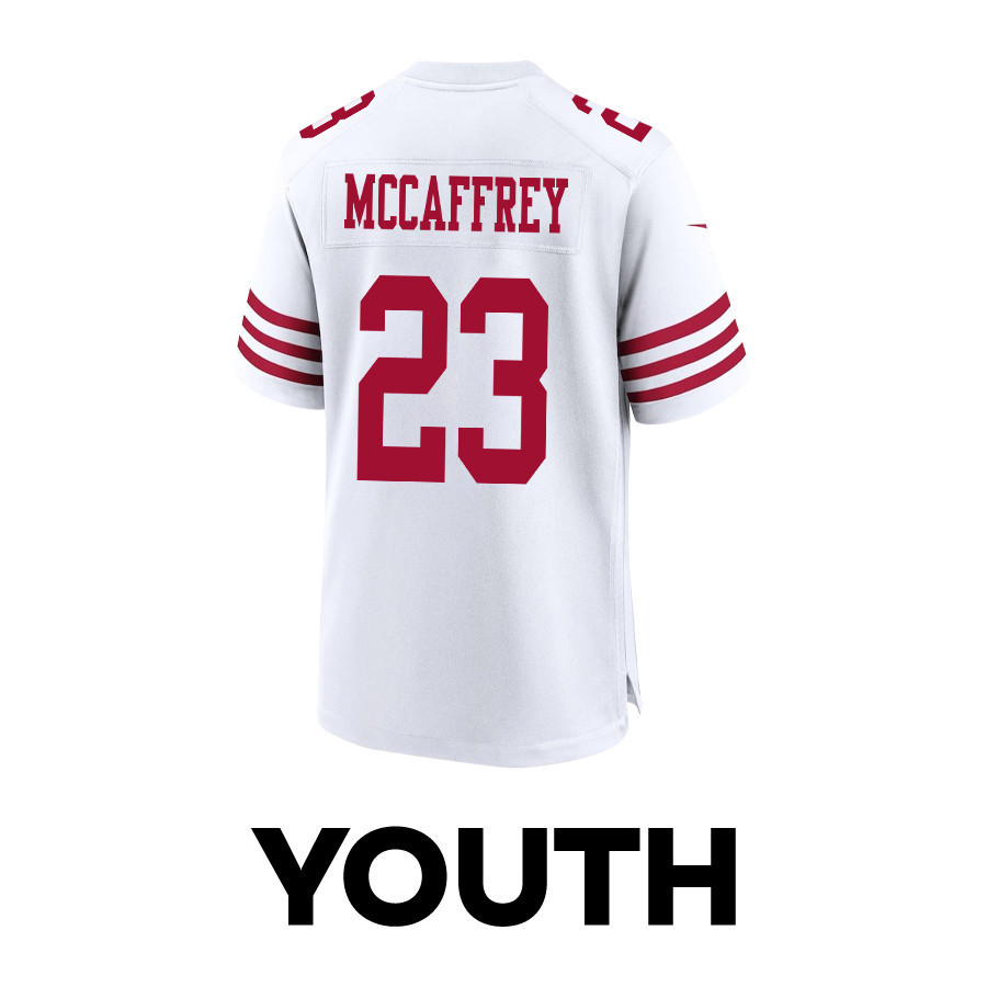 Christian McCaffrey 23 San Francisco 49ers Super Bowl LVIII Patch Game YOUTH Jersey - White