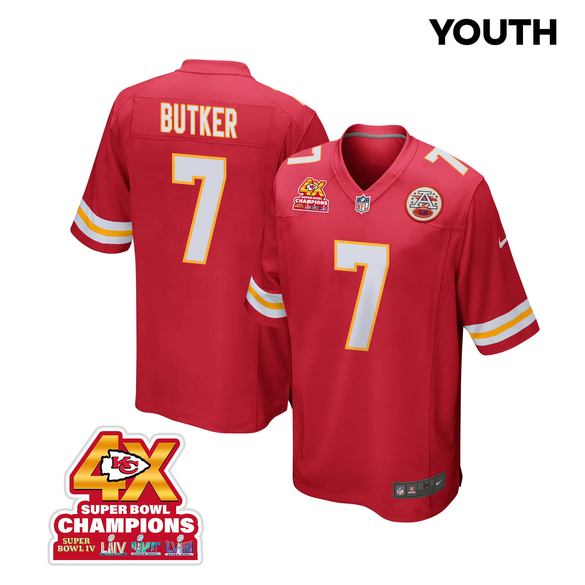 Harrison Butker 7 Kansas City Chiefs Super Bowl LVIII Champions 4X Game YOUTH Jersey - Red