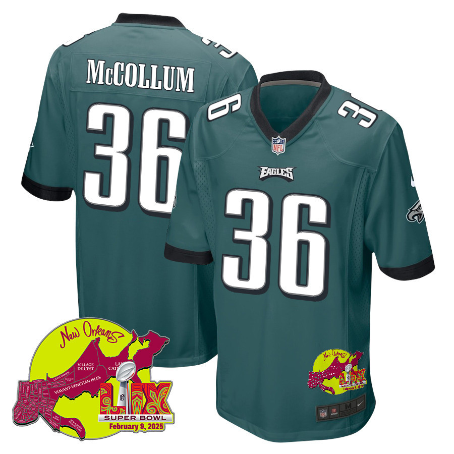 Tristin McCollum 36 Philadelphia Eagles Super Bowl LIX New Orleans Patch Game Men Jersey - Midnight Green