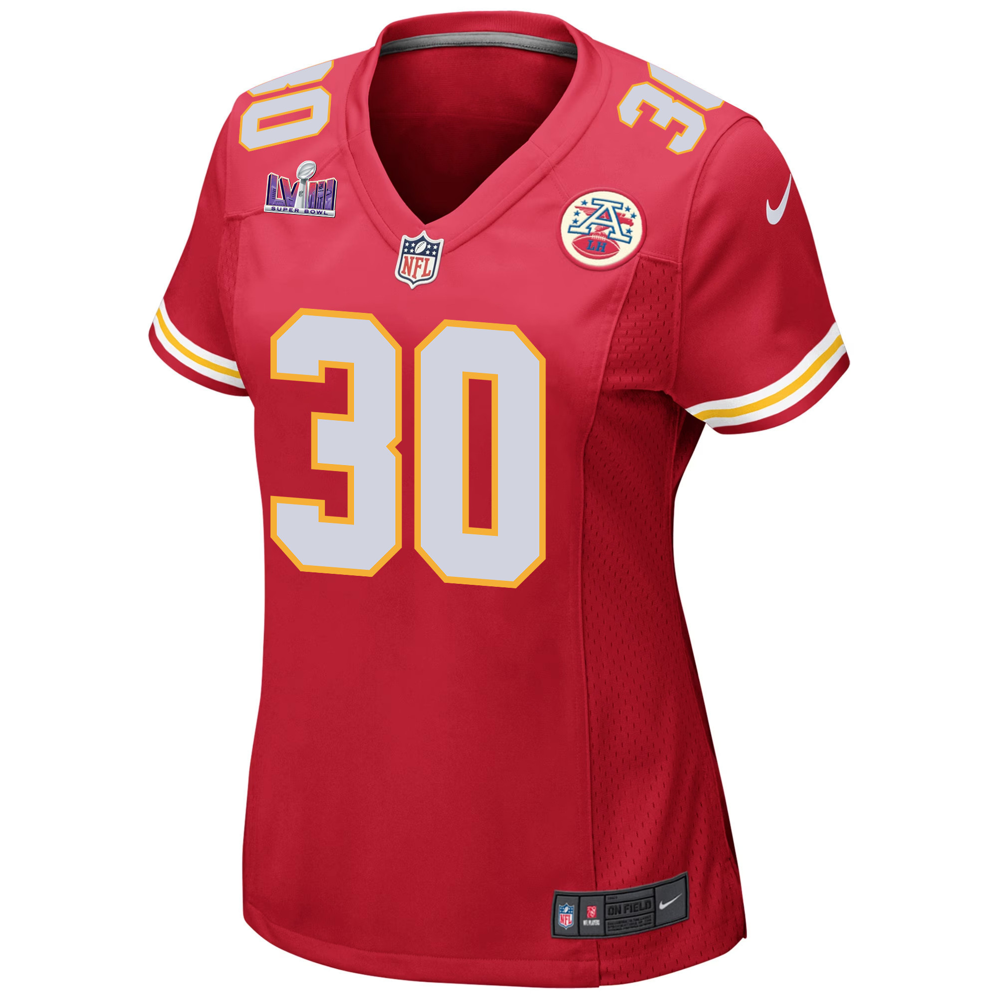 Keaontay Ingram 30 Kansas City Chiefs Super Bowl LVIII Patch Game Women Jersey - Red
