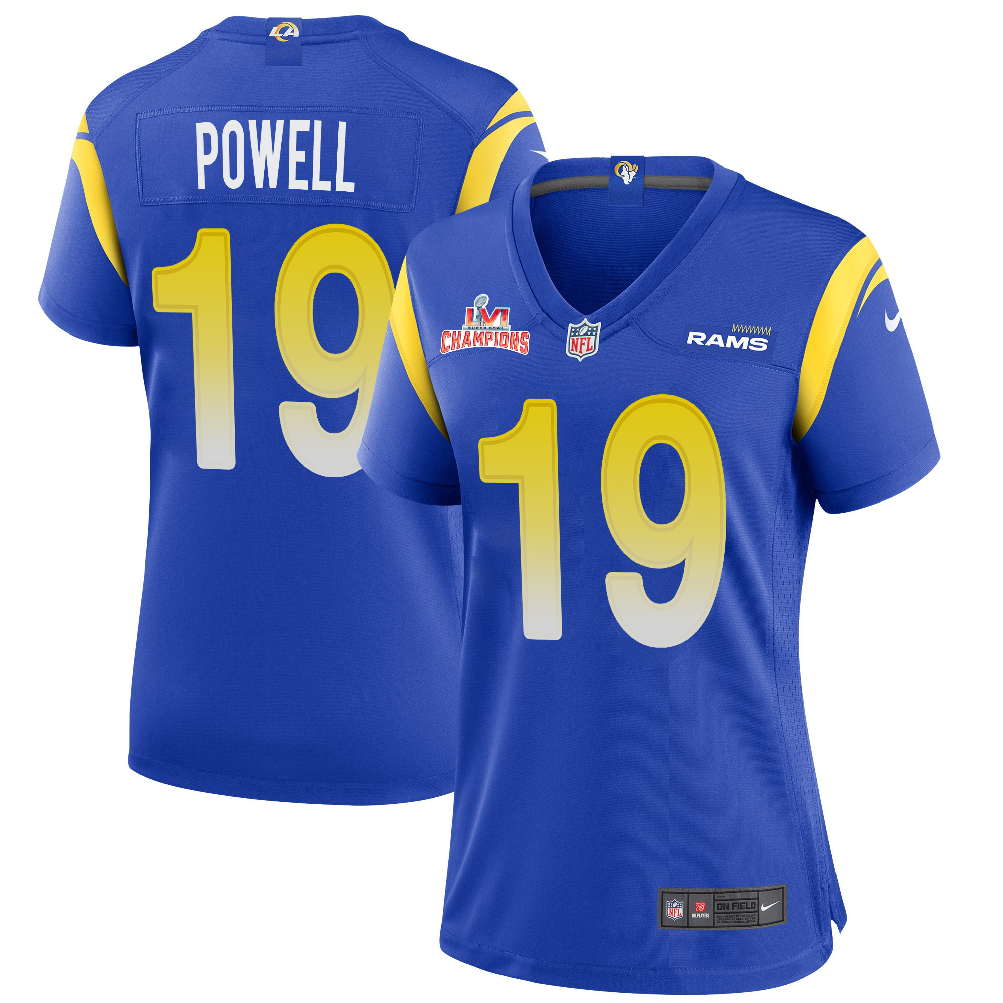 Super Bowl LVI Champions Los Angeles Rams Brandon Powell 19 Royal Women's Jersey Jersey