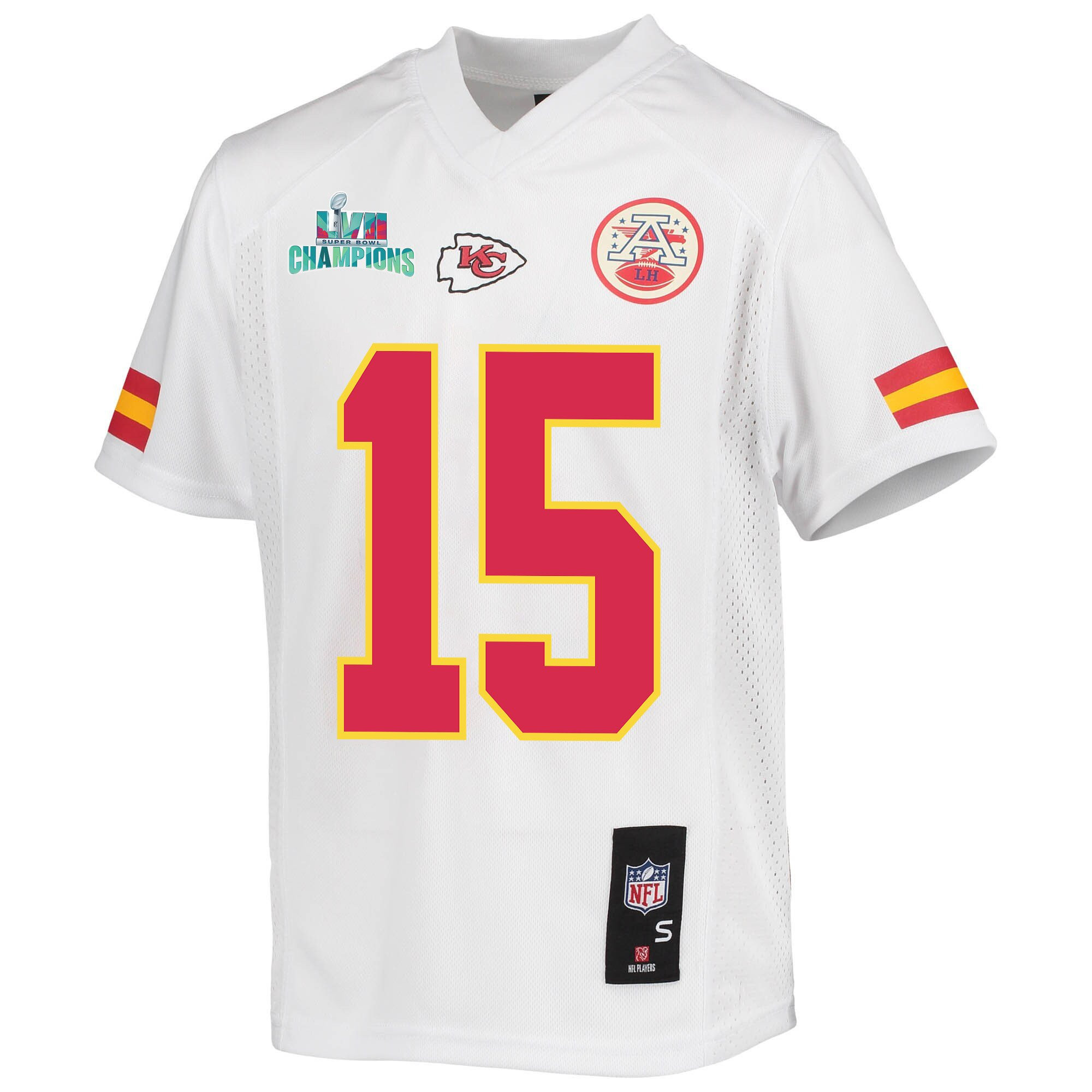 Patrick Mahomes 15 Kansas City Chiefs Super Bowl LVII Champions Youth Game Jersey - White