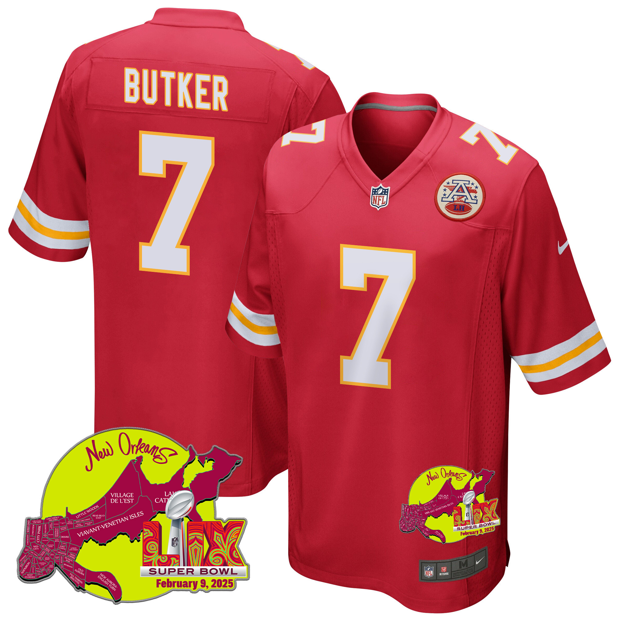 Harrison Butker 7 Kansas City Chiefs Super Bowl LIX New Orleans Patch Game Men Jersey - Red