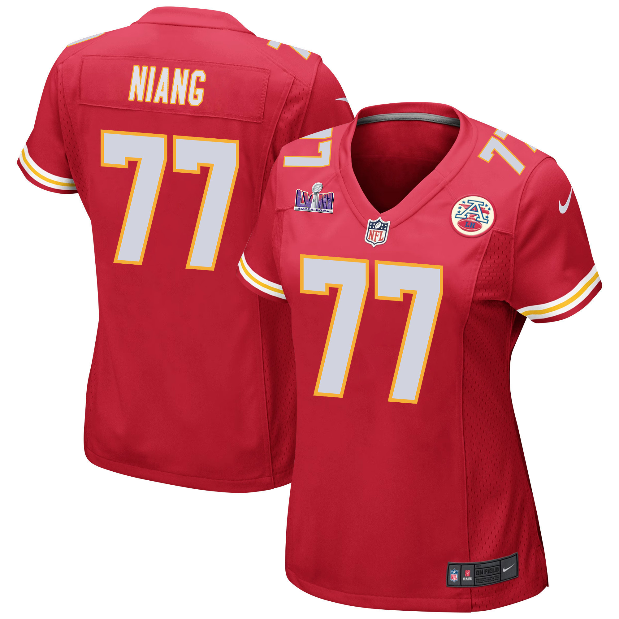 Lucas Niang 77 Kansas City Chiefs Super Bowl LVIII Patch Game Women Jersey - Red