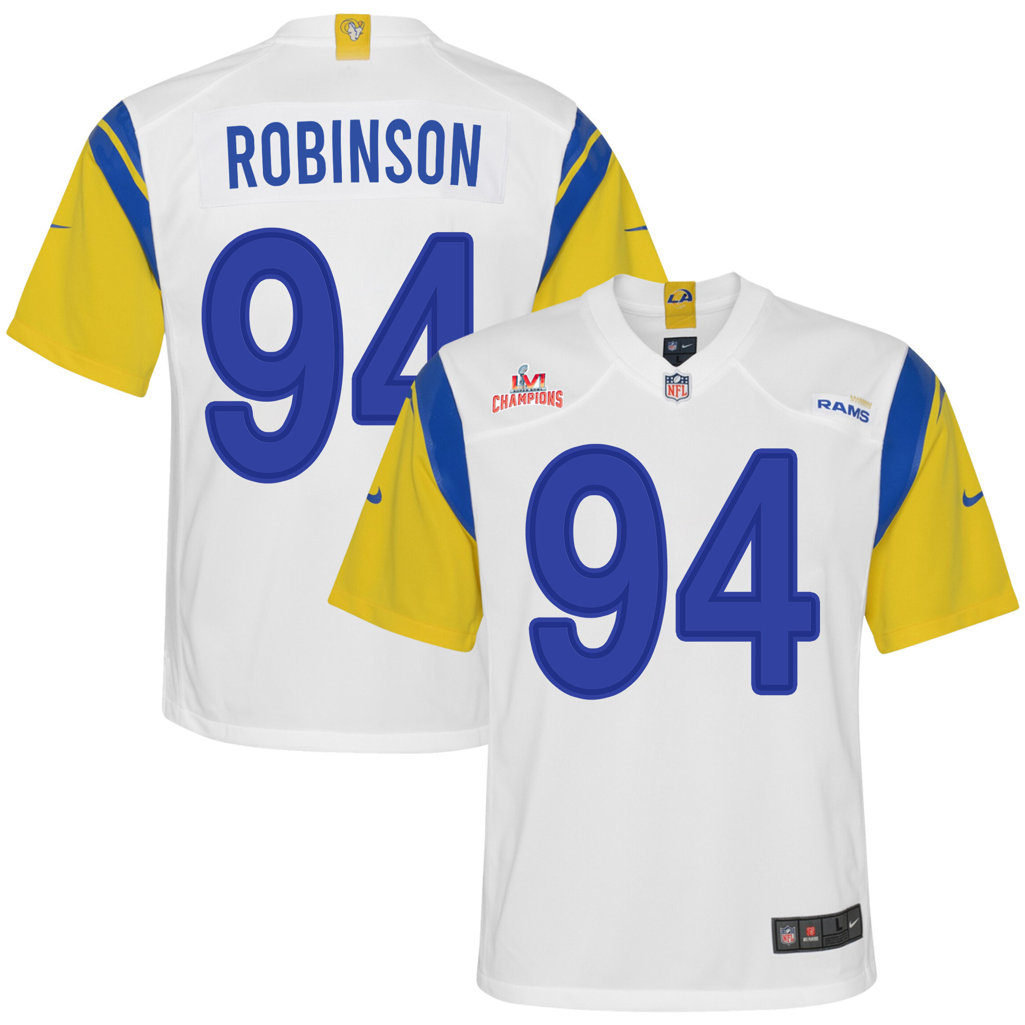 Super Bowl LVI Champions Los Angeles Rams A'Shawn Robinson 94 White Youth's Jersey Jersey