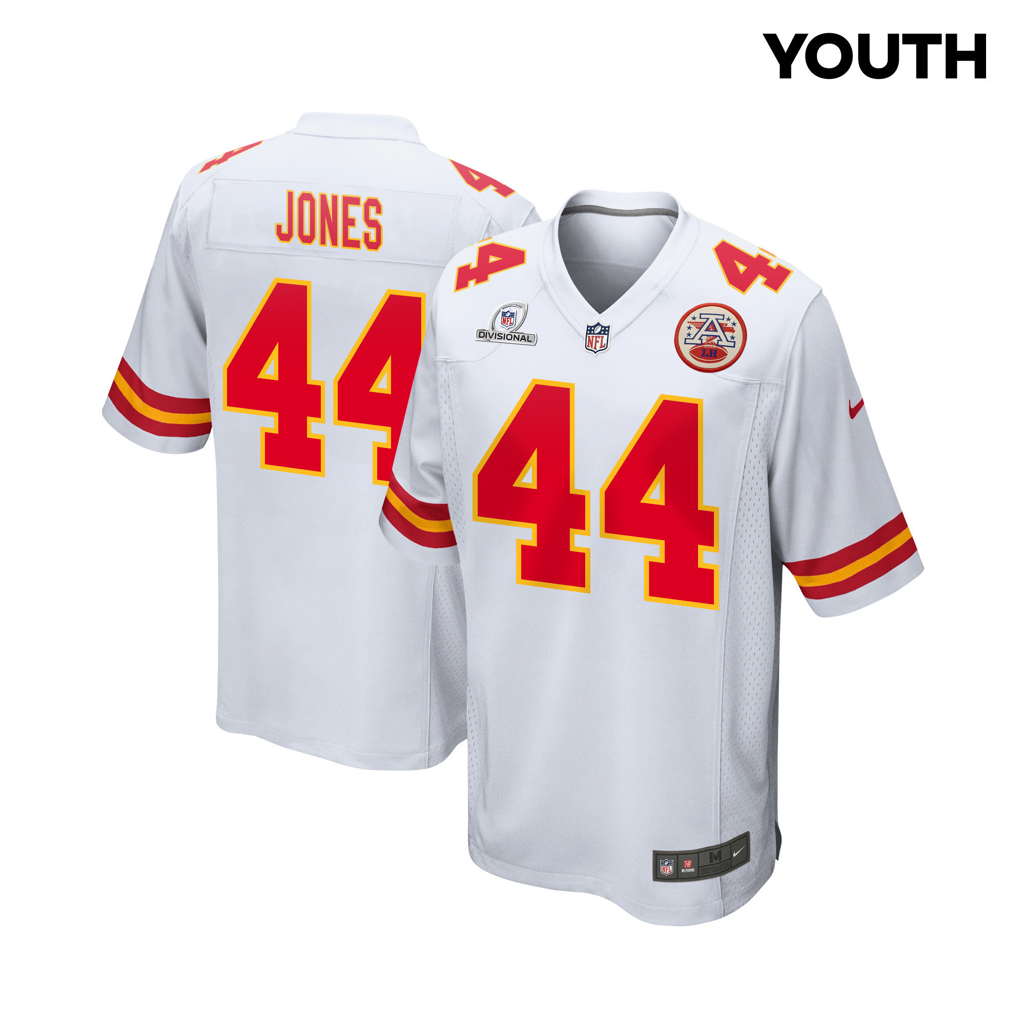 Cam Jones 44 Kansas City Chiefs Super Bowl LVIII Patch Game YOUTH Jersey - White