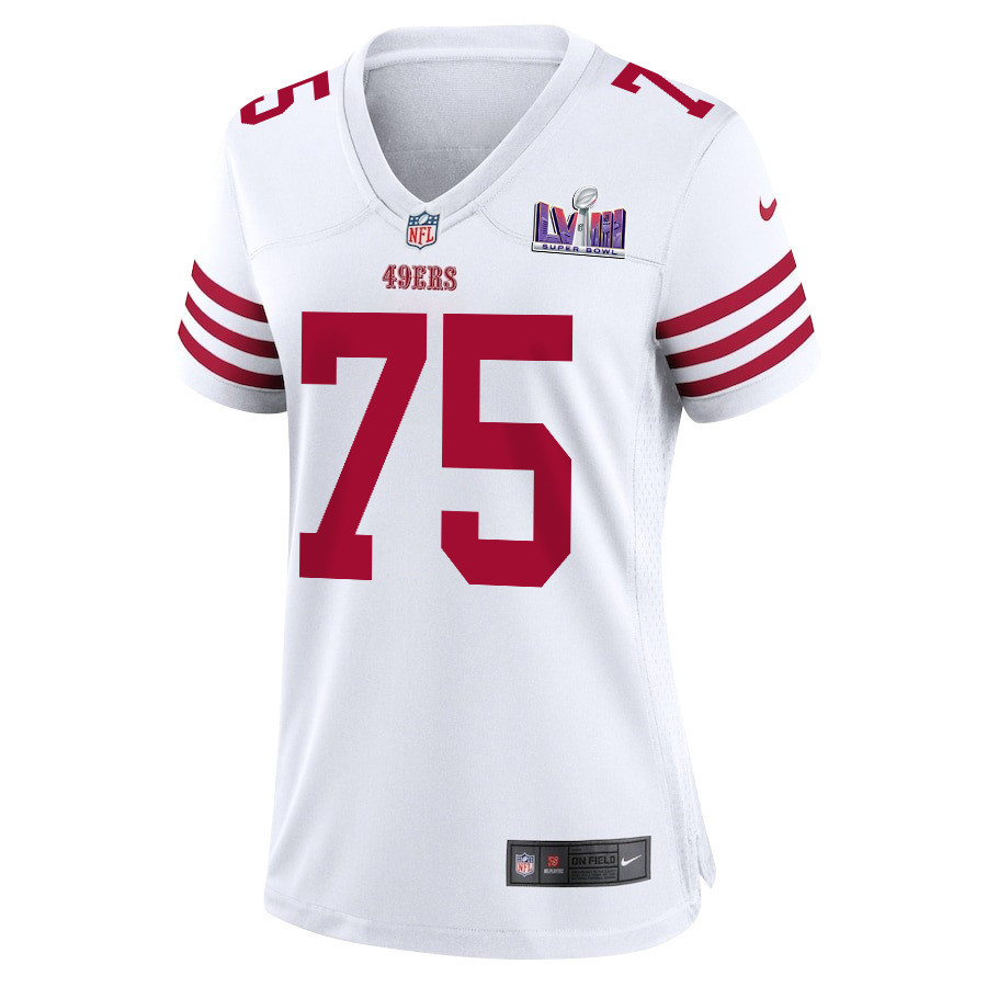 Matt Pryor 75 San Francisco 49ers Super Bowl LVIII Patch Game Women Jersey - White
