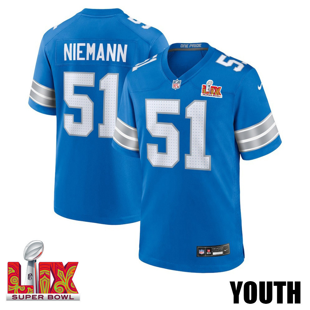 Ben Niemann #51 Detroit Lions Super Bowl LIX YOUTH Jersey - Blue