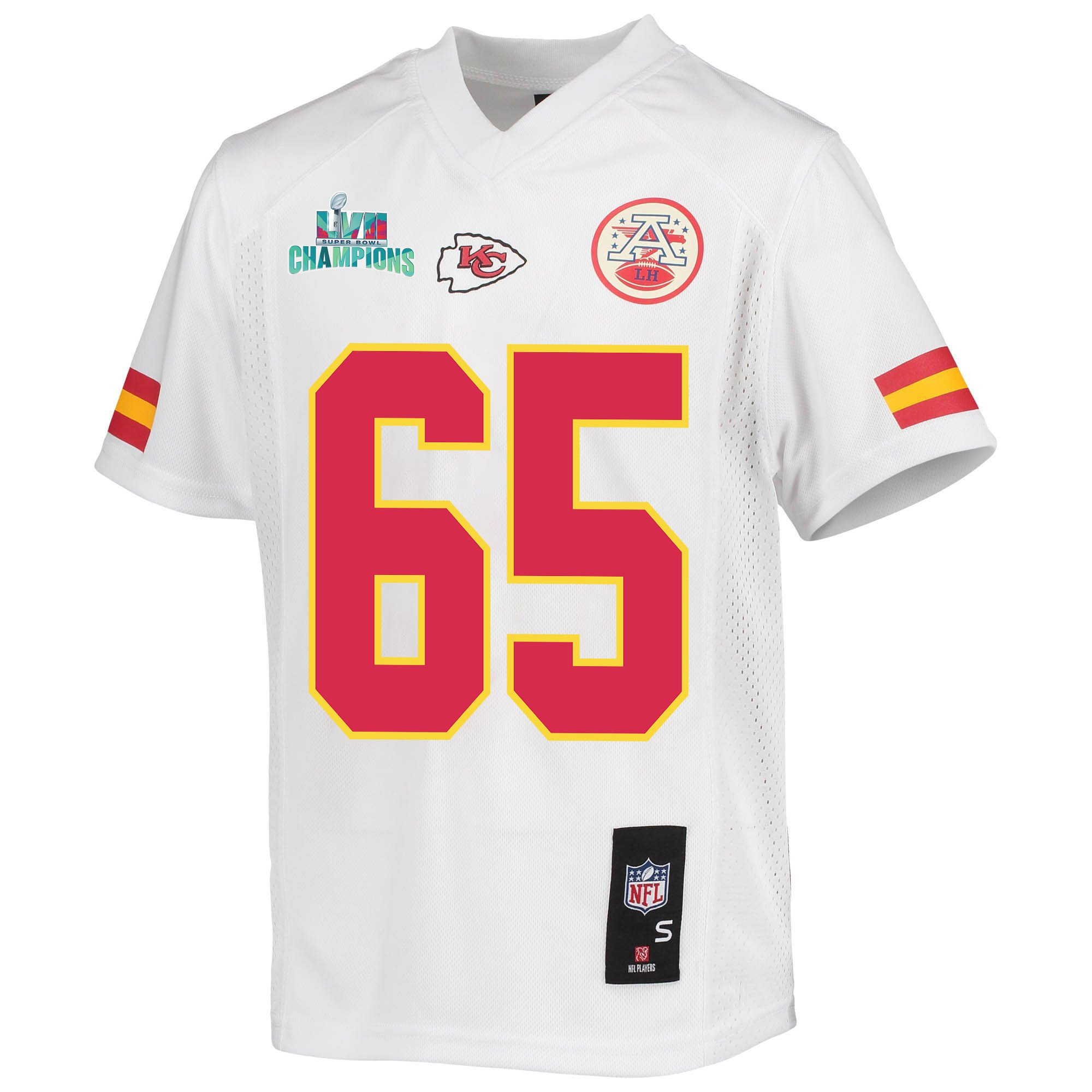 Trey Smith 65 Kansas City Chiefs Super Bowl LVII Champions Youth Game Jersey - White