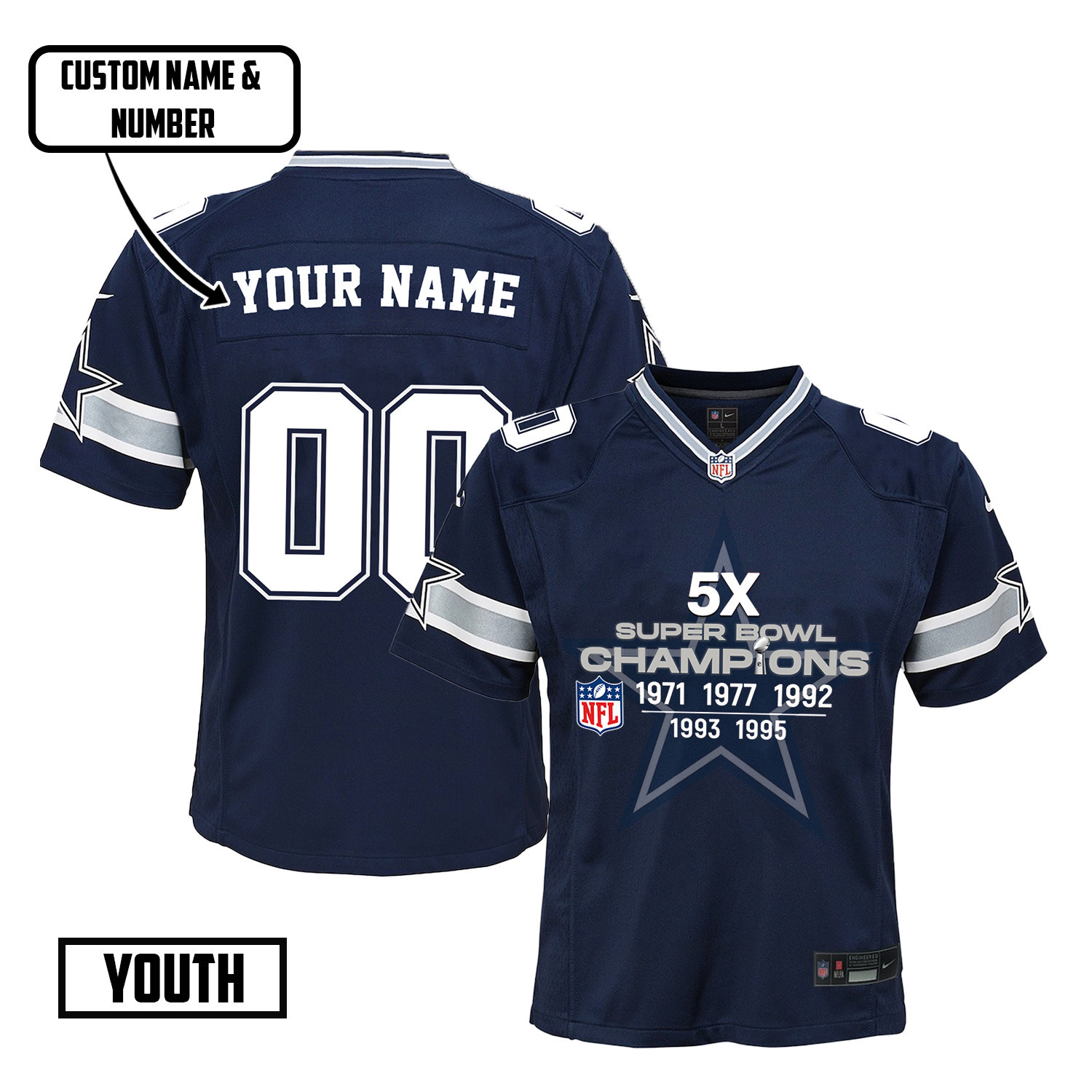 Dallas Cowboys 5X Super Bowl Champions Jersey - Youth, Navy