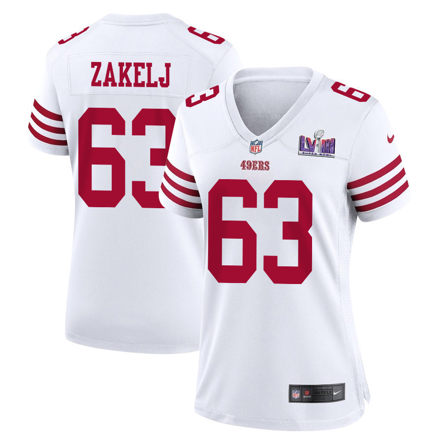 Nick Zakelj 63 San Francisco 49ers Super Bowl LVIII Patch Game Women Jersey - White