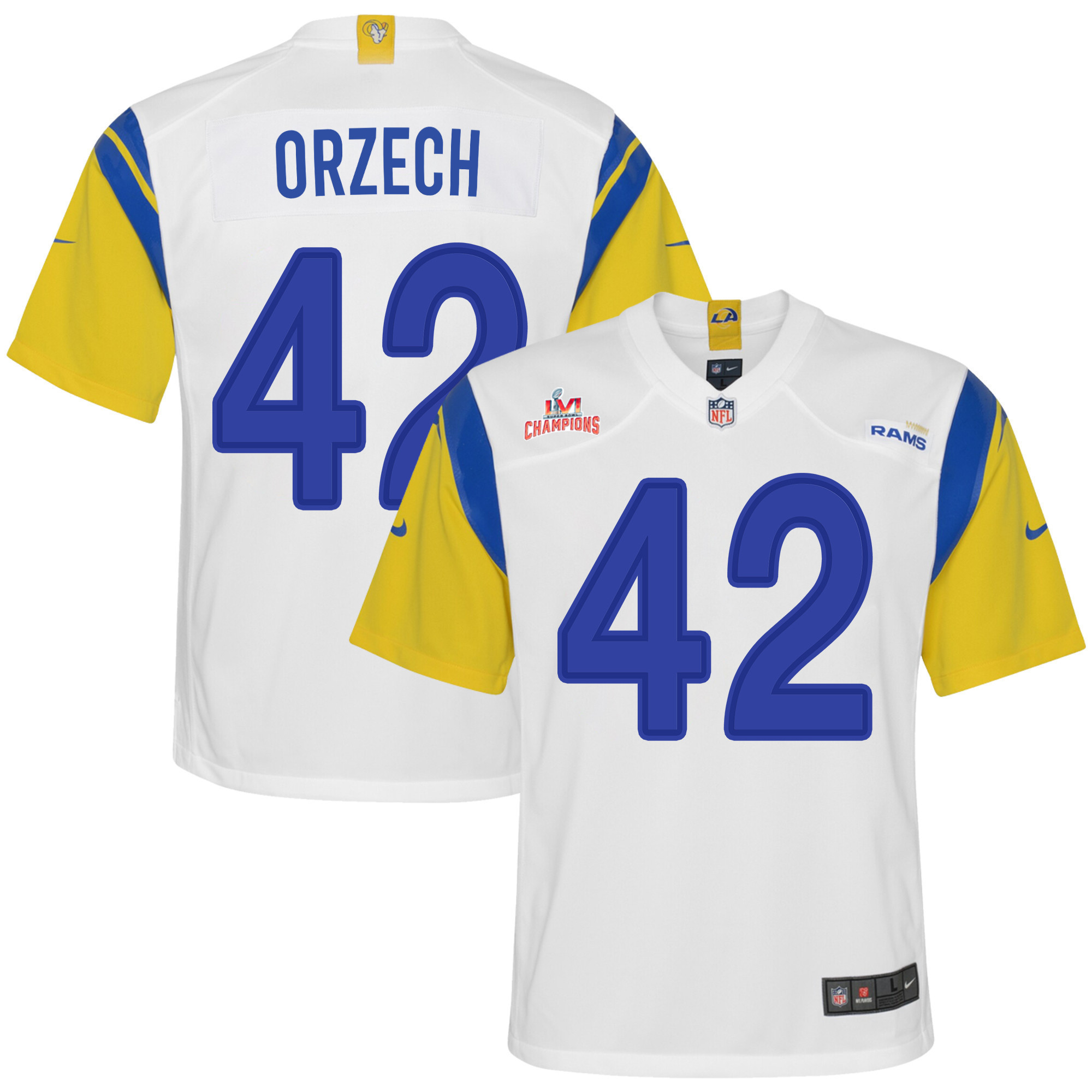 Super Bowl LVI Champions Los Angeles Rams Matthew Orzech 42 White Youth's Jersey Jersey