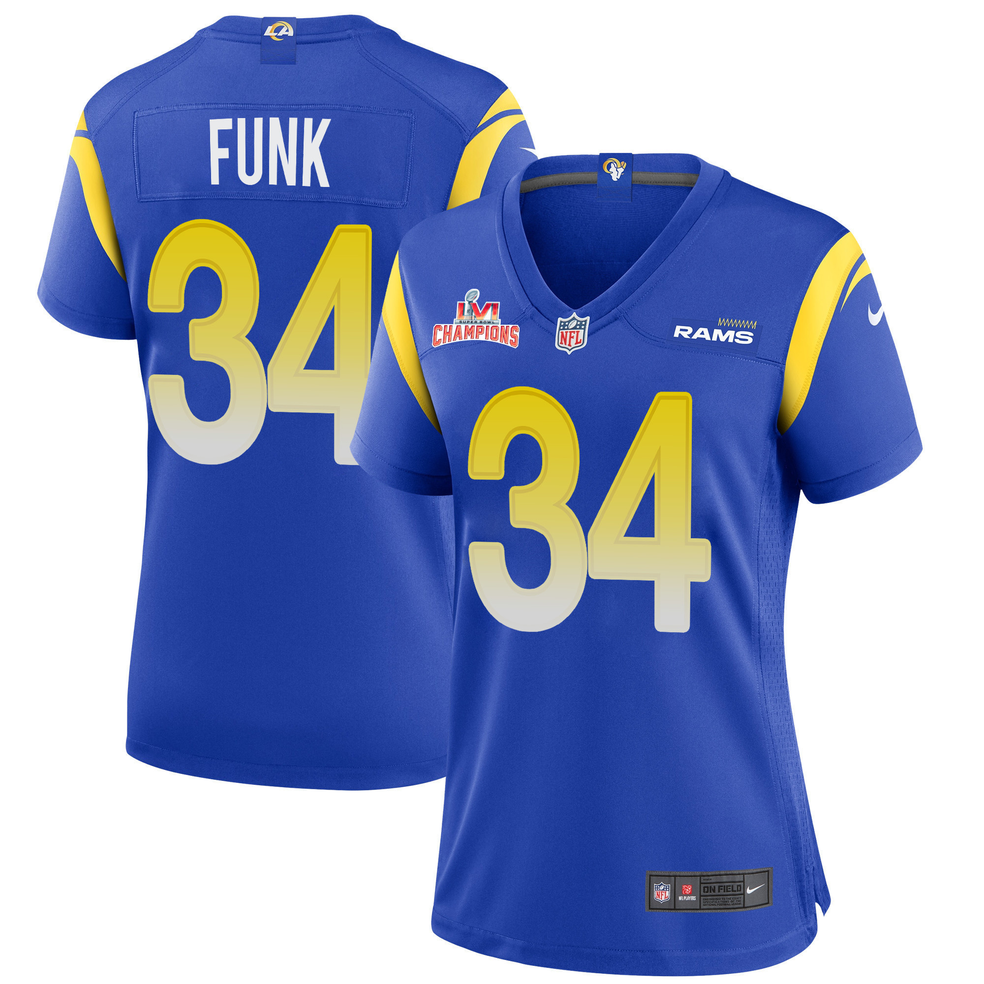 Super Bowl LVI Champions Los Angeles Rams Jake Funk 34 Royal Women's Jersey Jersey