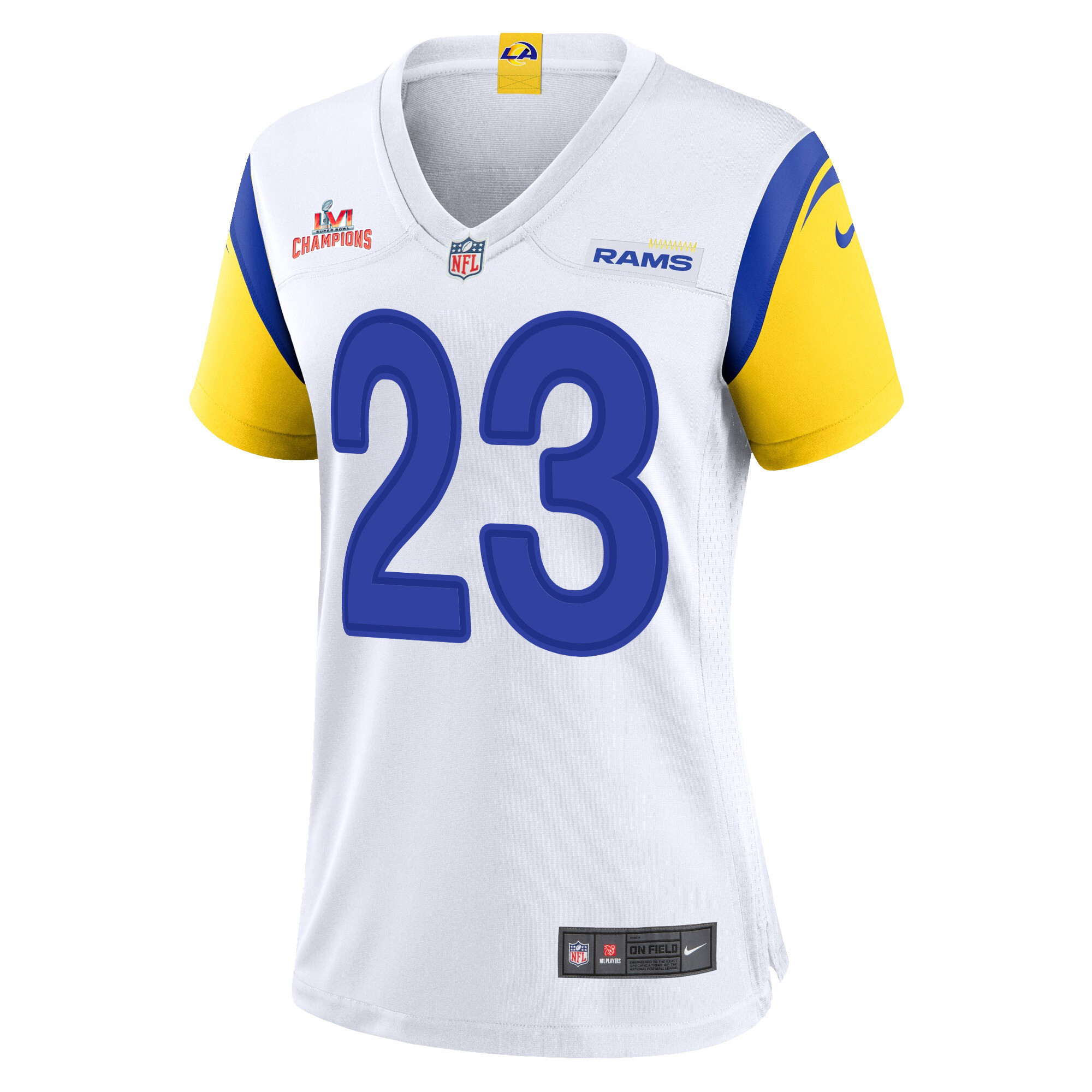 Super Bowl LVI Champions Los Angeles Rams Cam Akers 23 White Women's Jersey Jersey