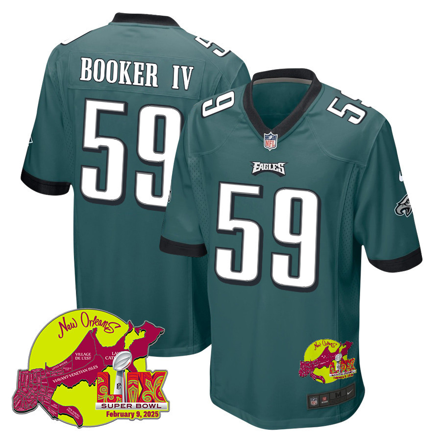 Thomas Booker IV 59 Philadelphia Eagles Super Bowl LIX New Orleans Patch Game Men Jersey - Midnight Green