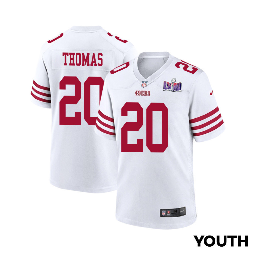 Ambry Thomas 20 San Francisco 49ers Super Bowl LVIII Patch Game YOUTH Jersey - White