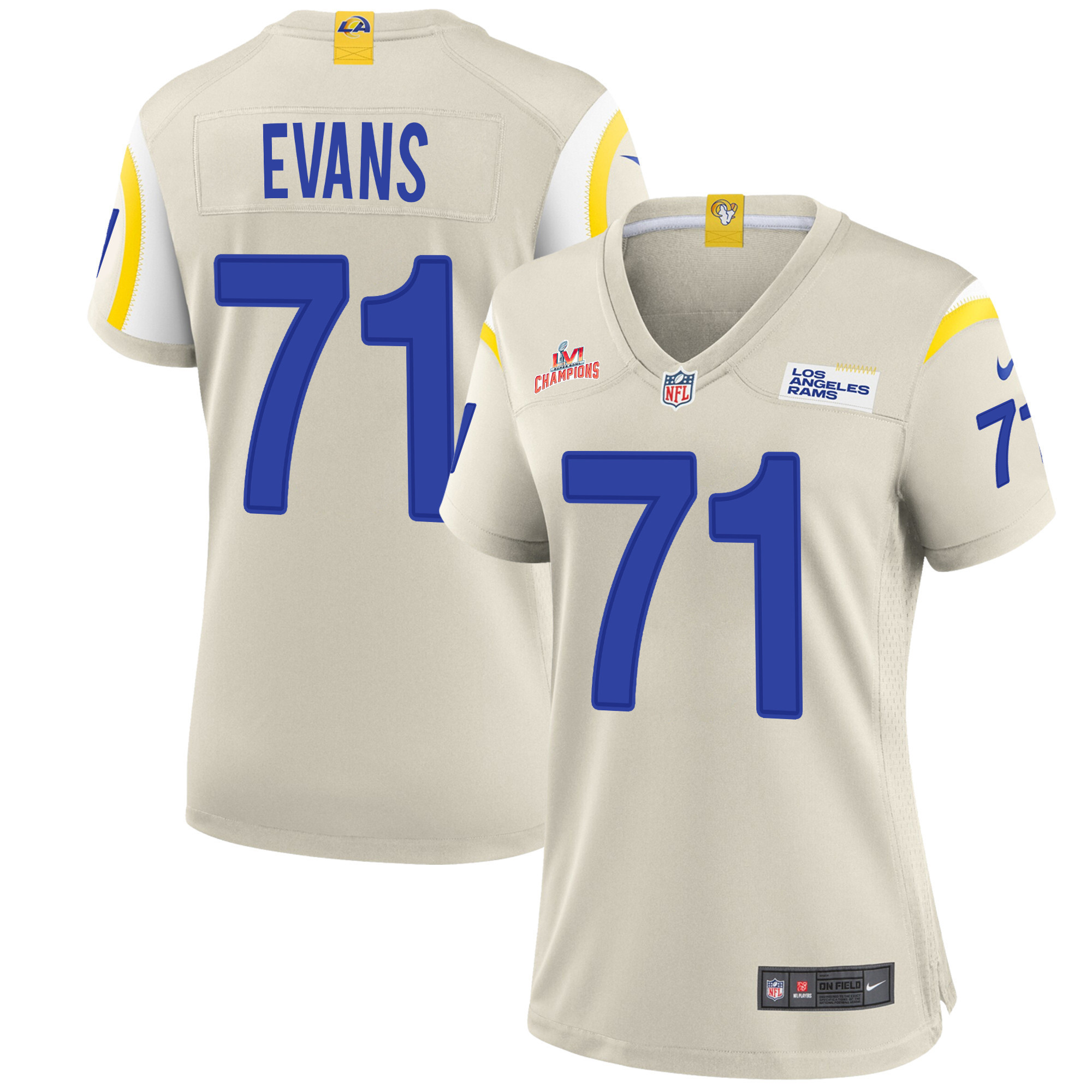 Super Bowl LVI Champions Los Angeles Rams Bobby Evans 71 Bone Women's Jersey Jersey