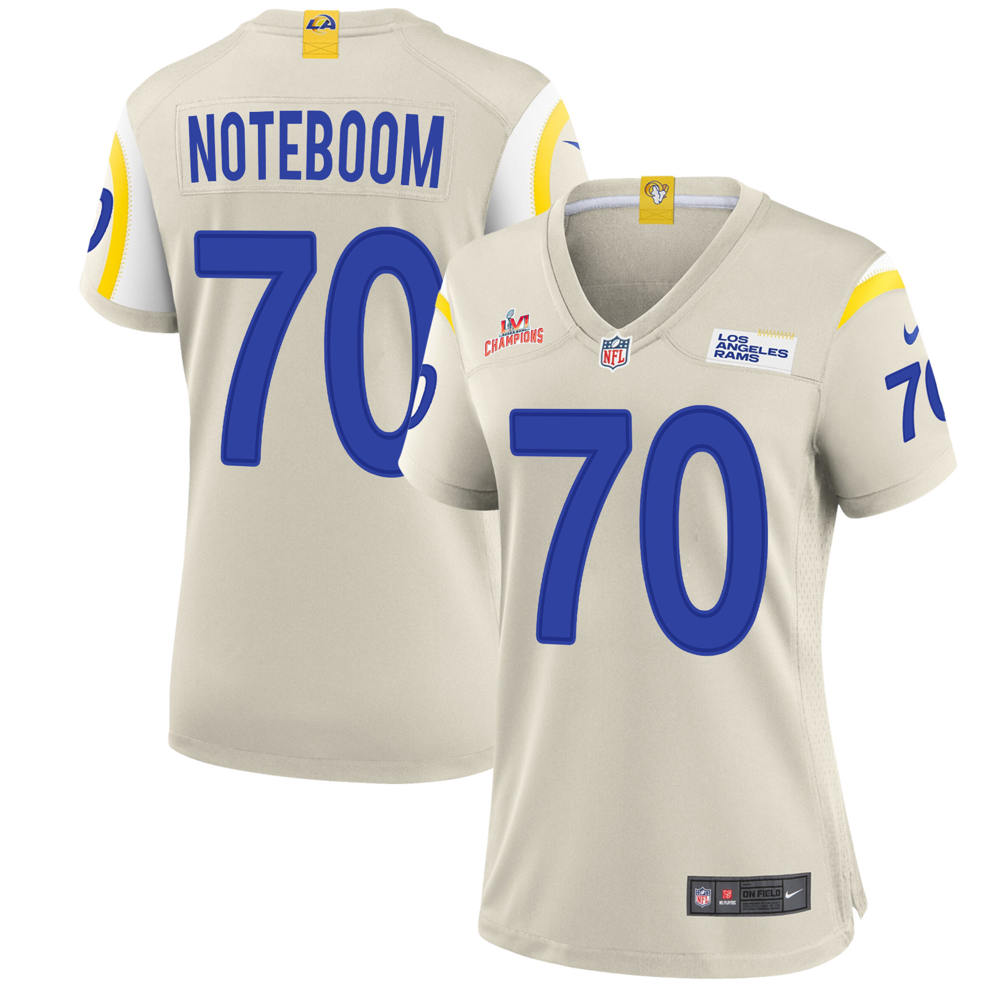 Super Bowl LVI Champions Los Angeles Rams Joe Noteboom 70 Bone Women's Jersey Jersey