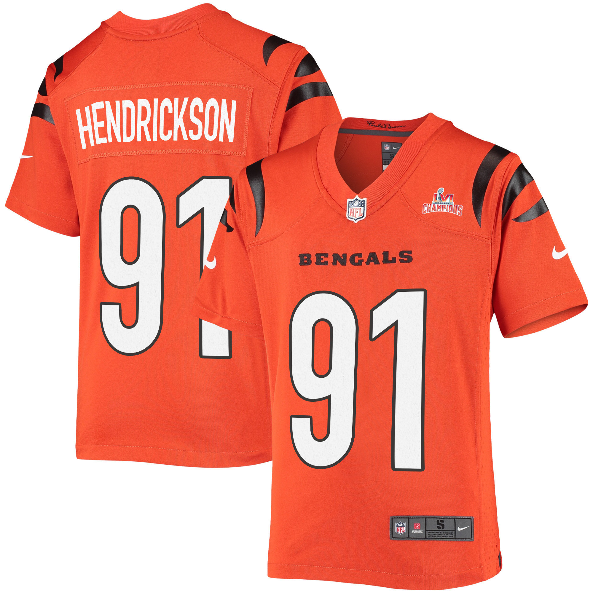 Super Bowl LVI Champions Cincinnati Bengals Trey Hendrickson 91 Orange Youth's Jersey Jersey