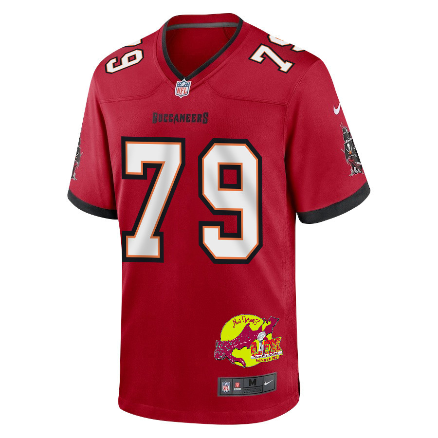 Elijah Klein 79 Tampa Bay Buccaneers Super Bowl LIX New Orleans Patch Game Men Jersey - Red