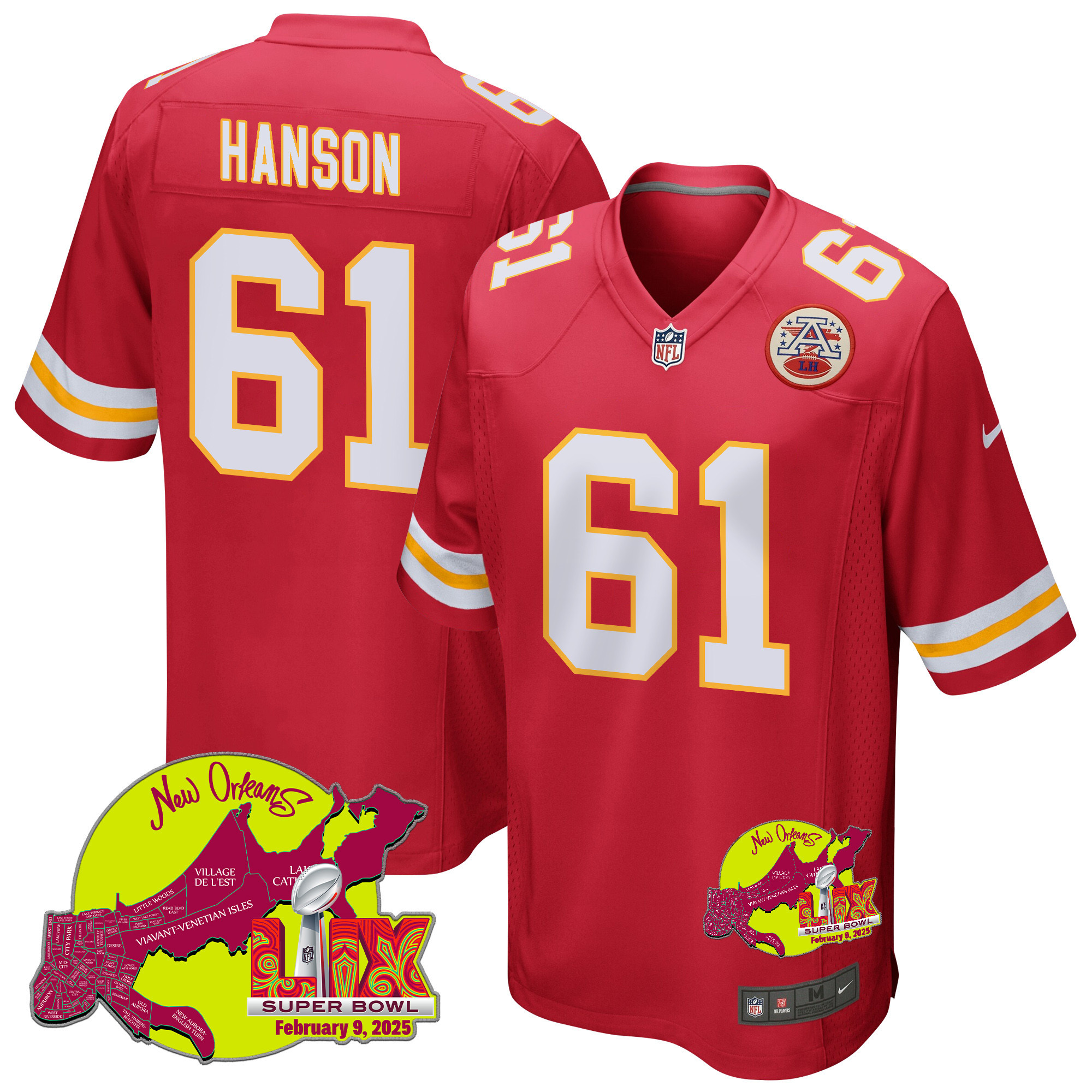 C.J. Hanson 61 Kansas City Chiefs Super Bowl LIX New Orleans Patch Game Men Jersey - Red