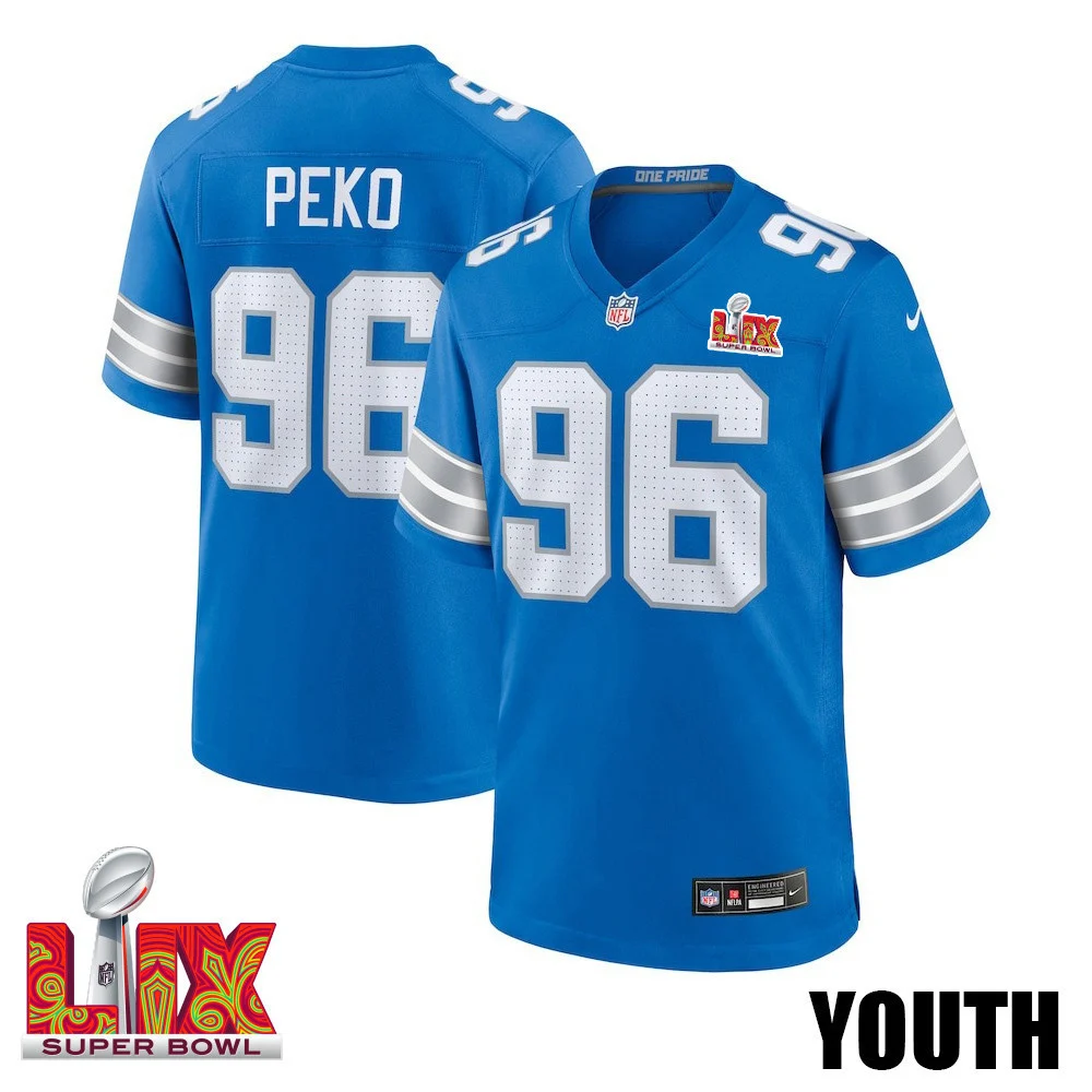 Kyle Peko #96 Detroit Lions Super Bowl LIX YOUTH Jersey - Blue