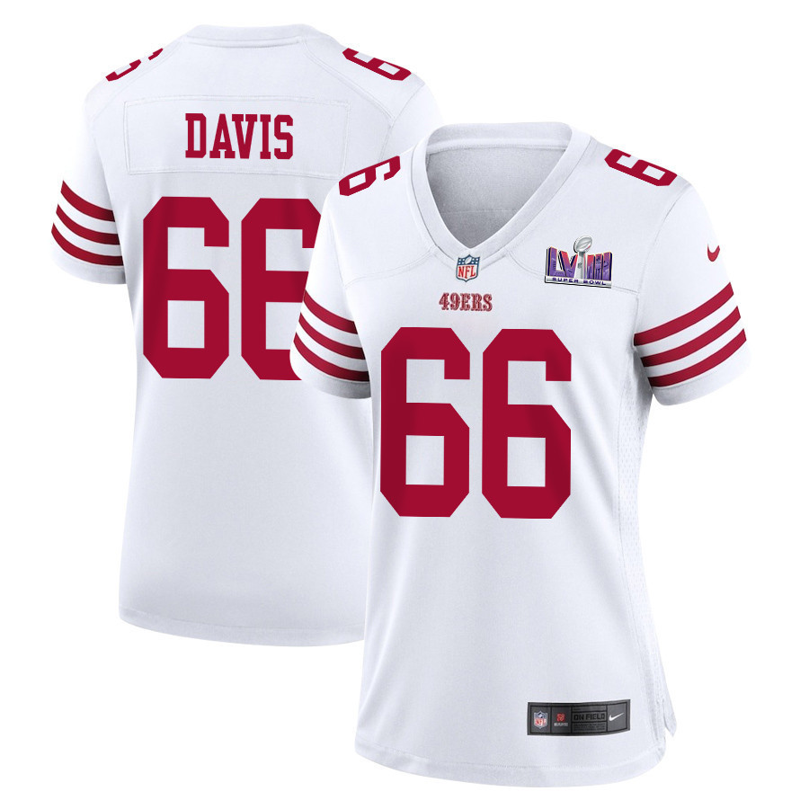 Jesse Davis 66 San Francisco 49ers Super Bowl LVIII Patch Game Women Jersey - White