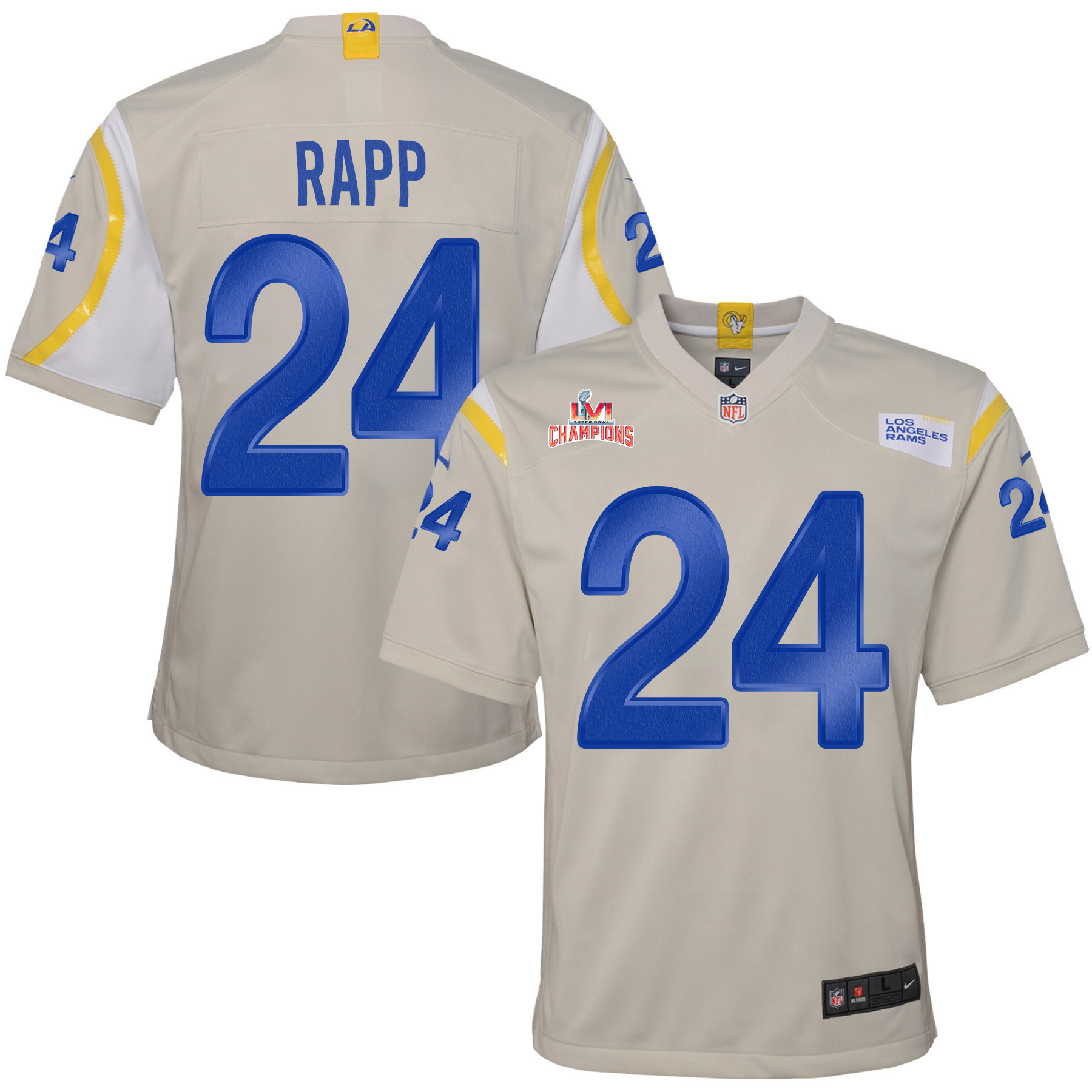Super Bowl LVI Champions Los Angeles Rams Taylor Rapp 24 Bone Youth's Jersey Jersey