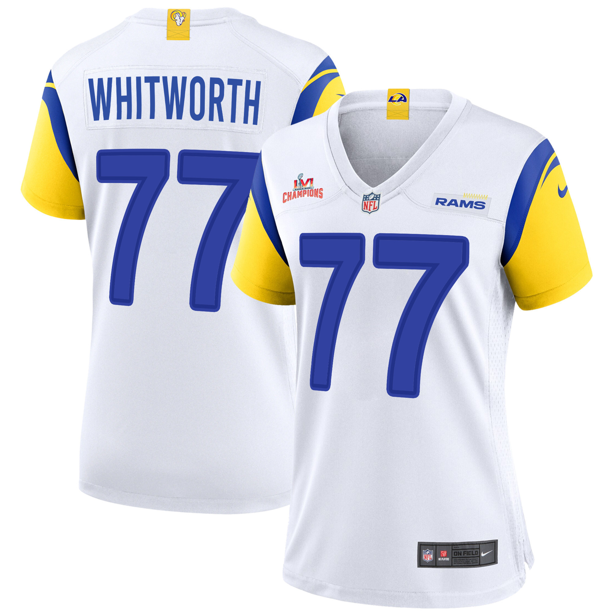 Super Bowl LVI Champions Los Angeles Rams Andrew Whitworth 77 White Women's Jersey Jersey