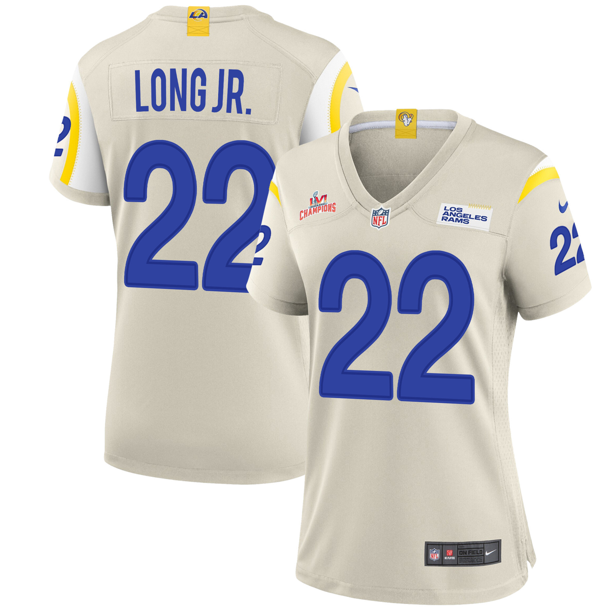 Super Bowl LVI Champions Los Angeles Rams David Long Jr. 22 Bone Women's Jersey Jersey