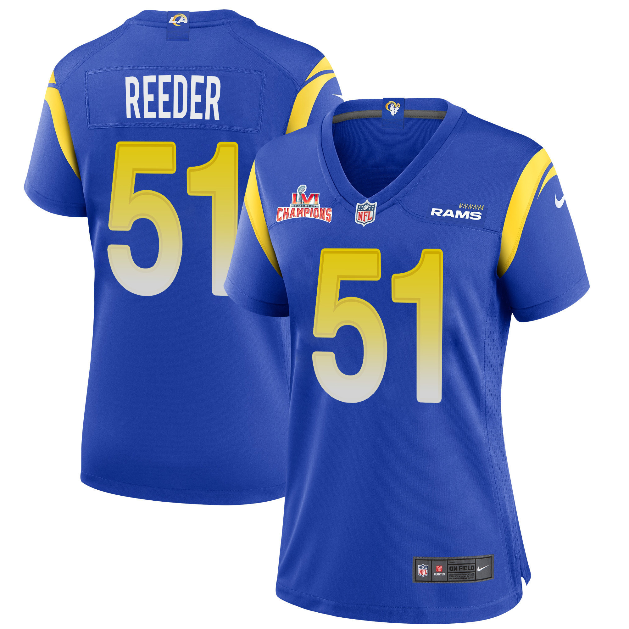Super Bowl LVI Champions Los Angeles Rams Troy Reeder 51 Royal Women's Jersey Jersey
